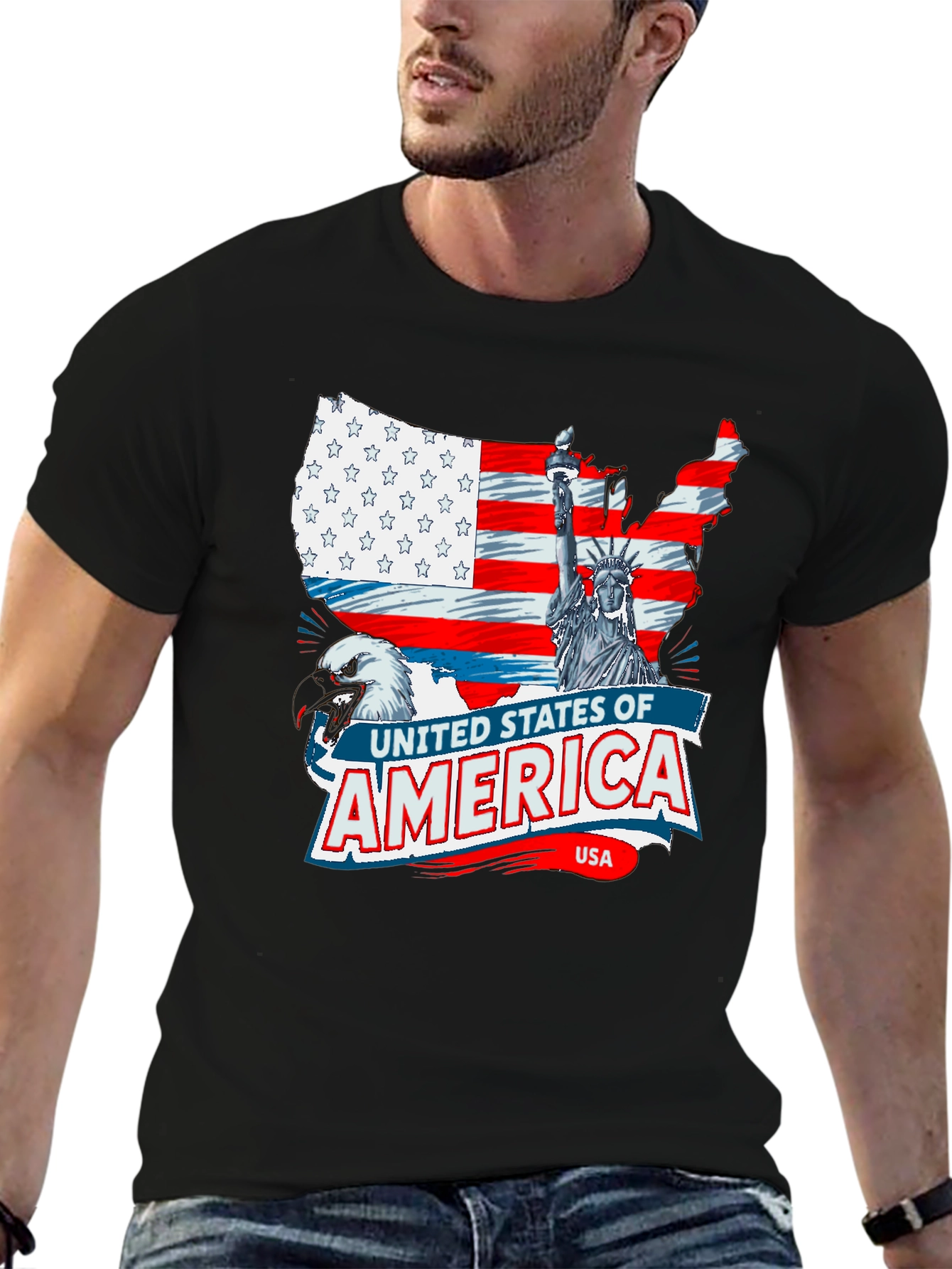 USA Flag Eagle Statue of Liberty Graphic T-Shirt