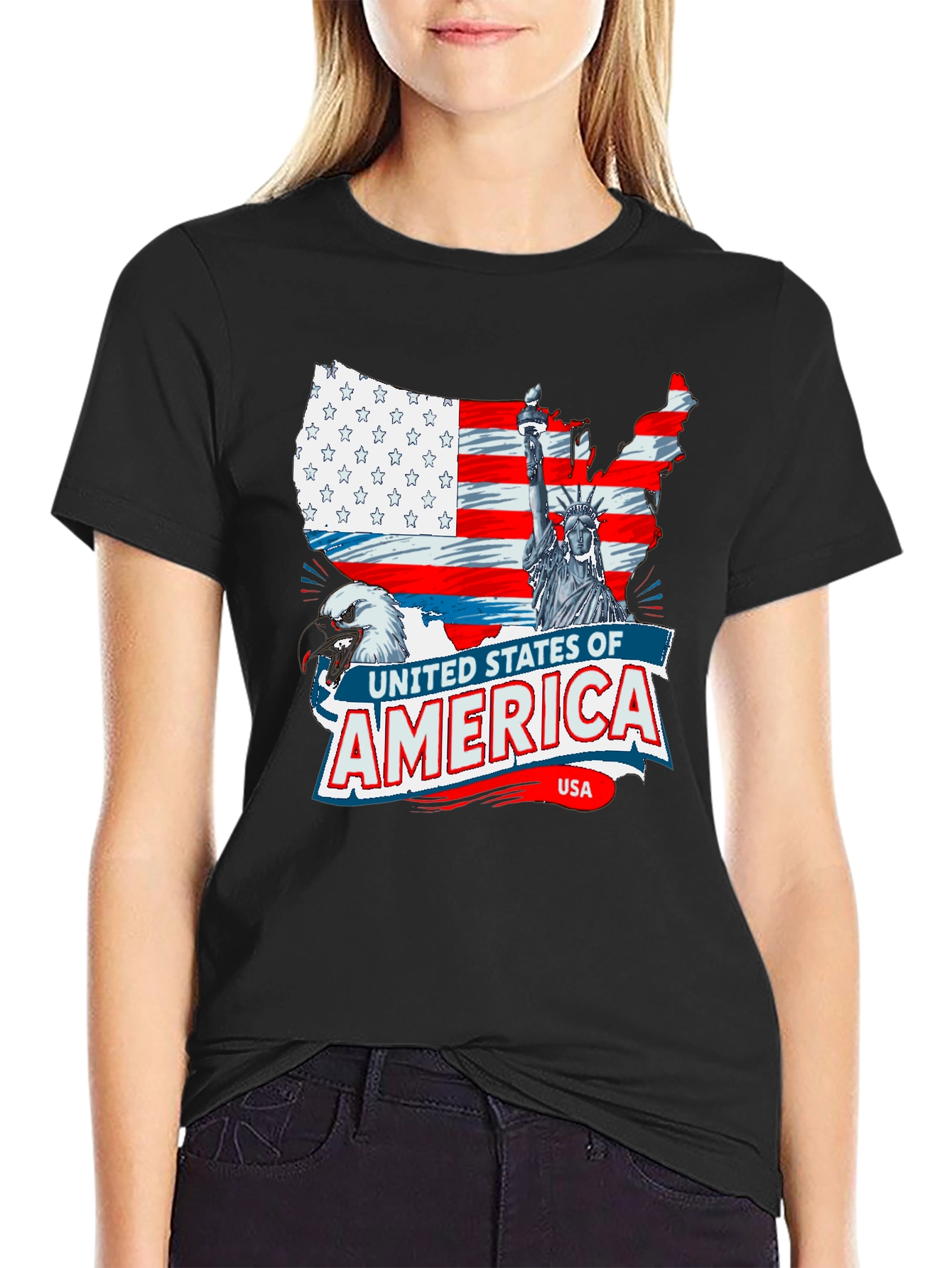 USA Flag Eagle Statue of Liberty Graphic T-Shirt