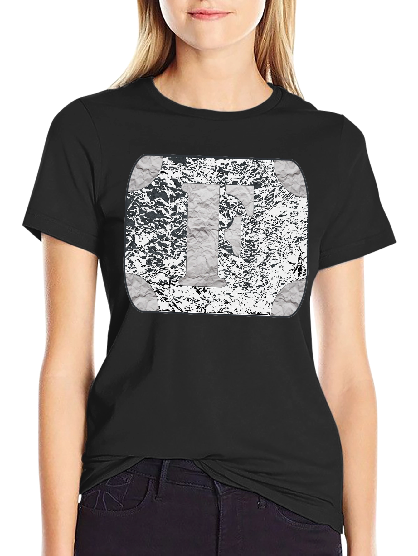 Foil Letter F Graphic Print Black T-Shirt