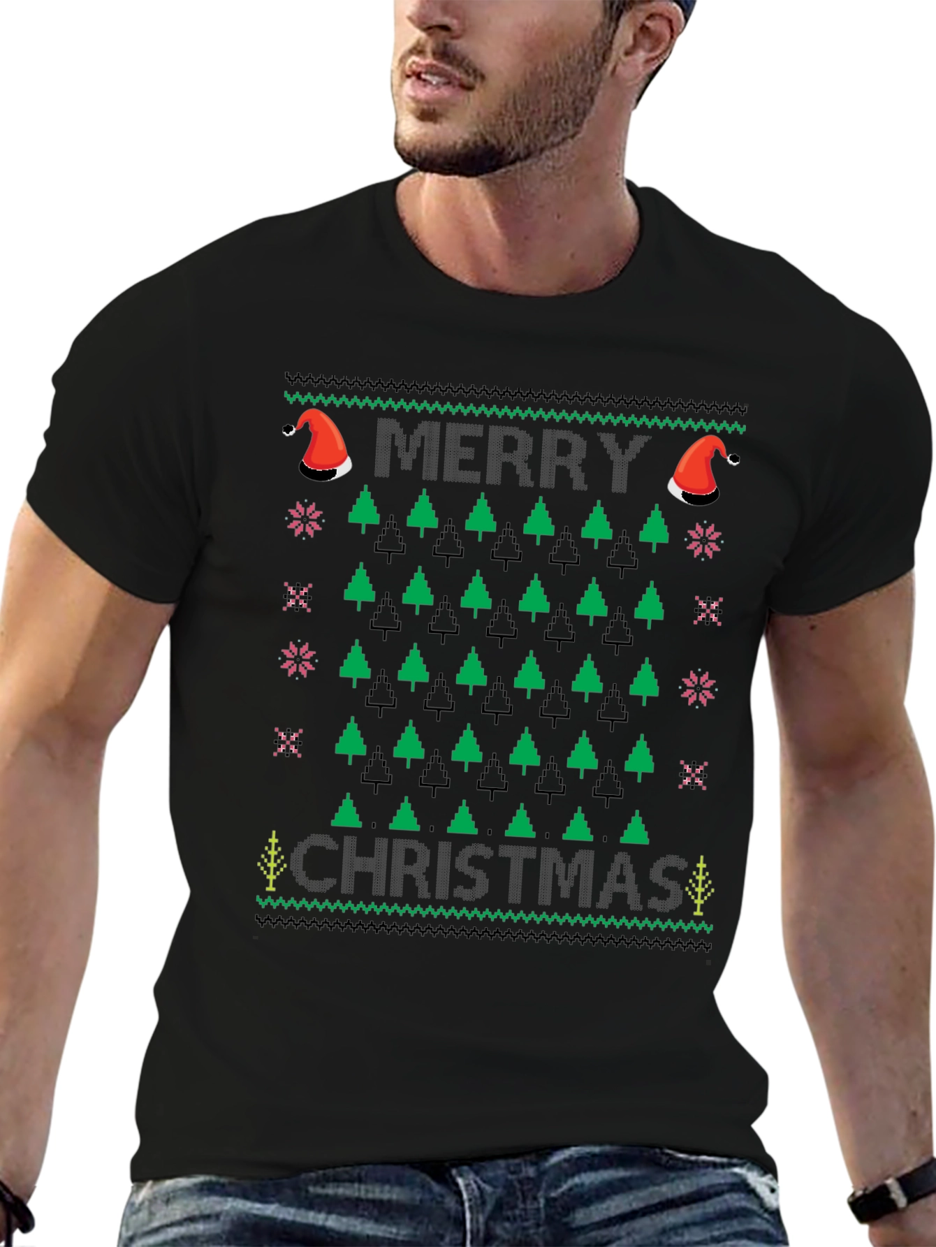 Ugly Christmas Sweater T-Shirt - Merry Christmas Tree Design