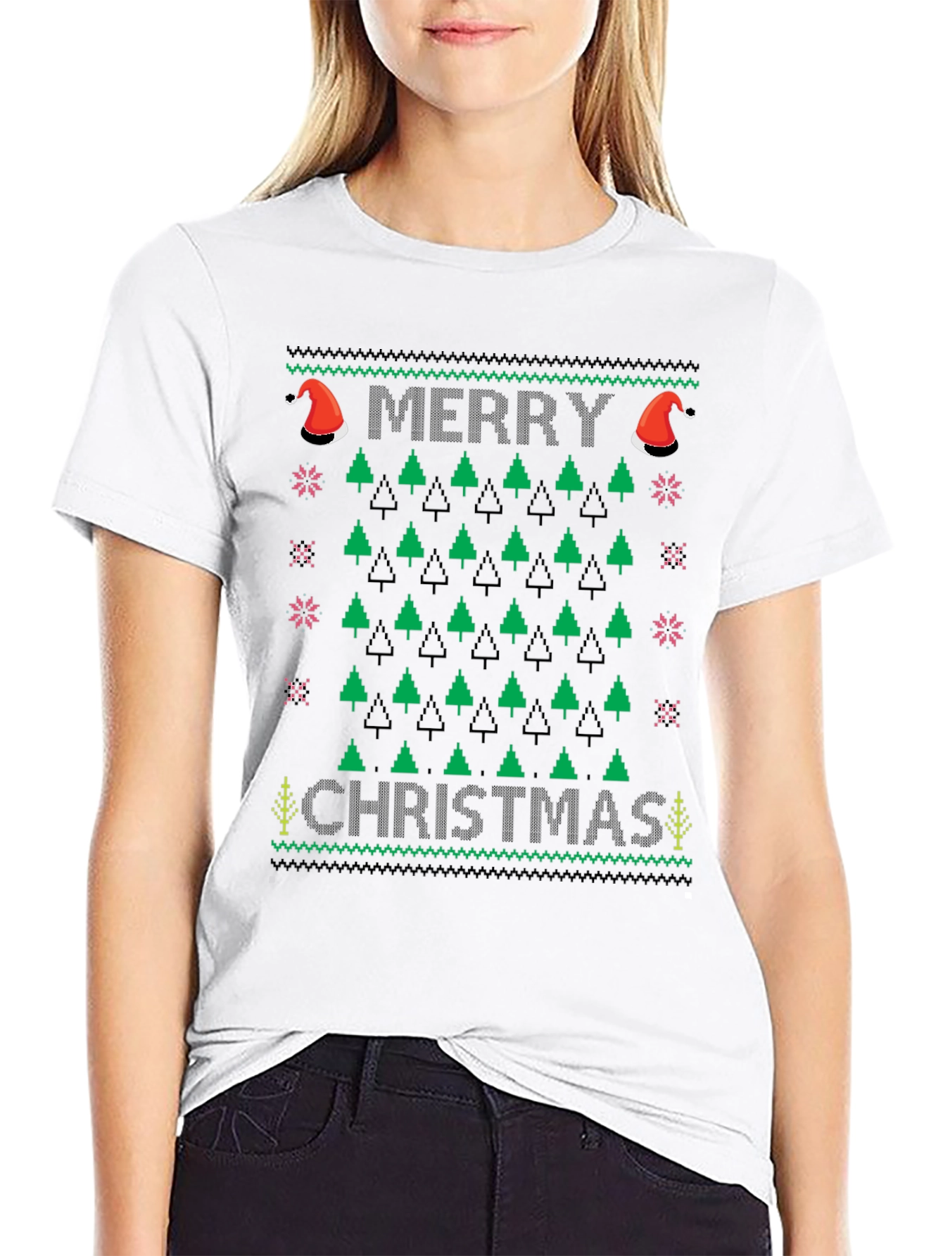 Ugly Christmas Sweater T-Shirt - Merry Christmas Tree Design