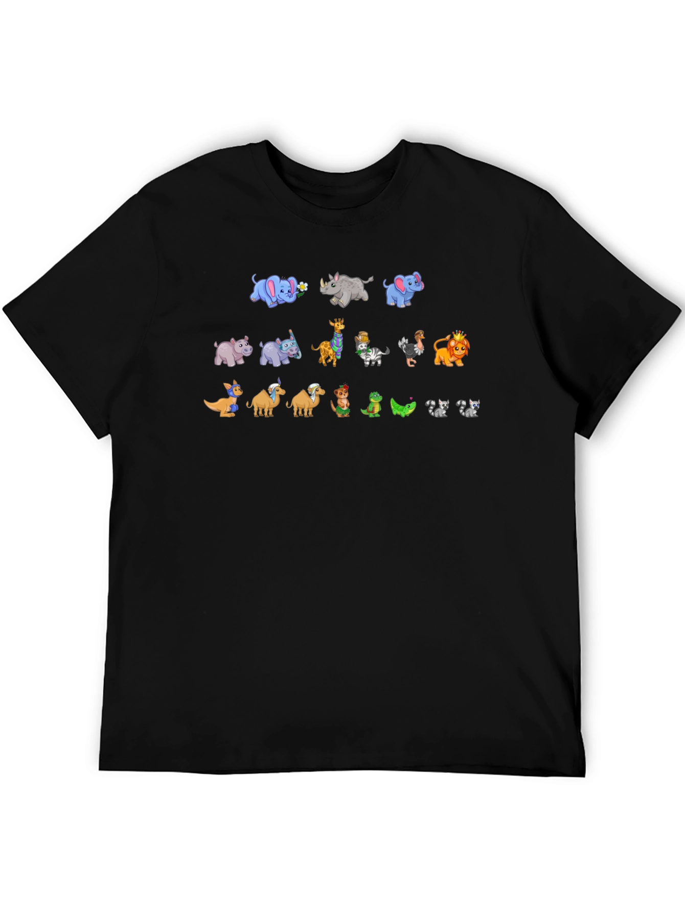 Zoo Animal Cartoon Print Black T-Shirt