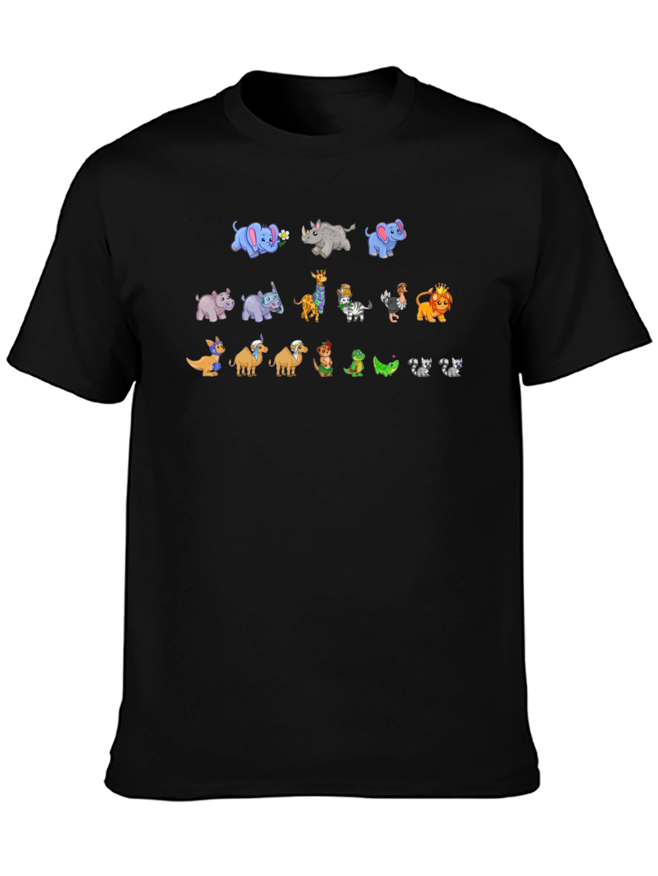 Zoo Animal Cartoon Print Black T-Shirt