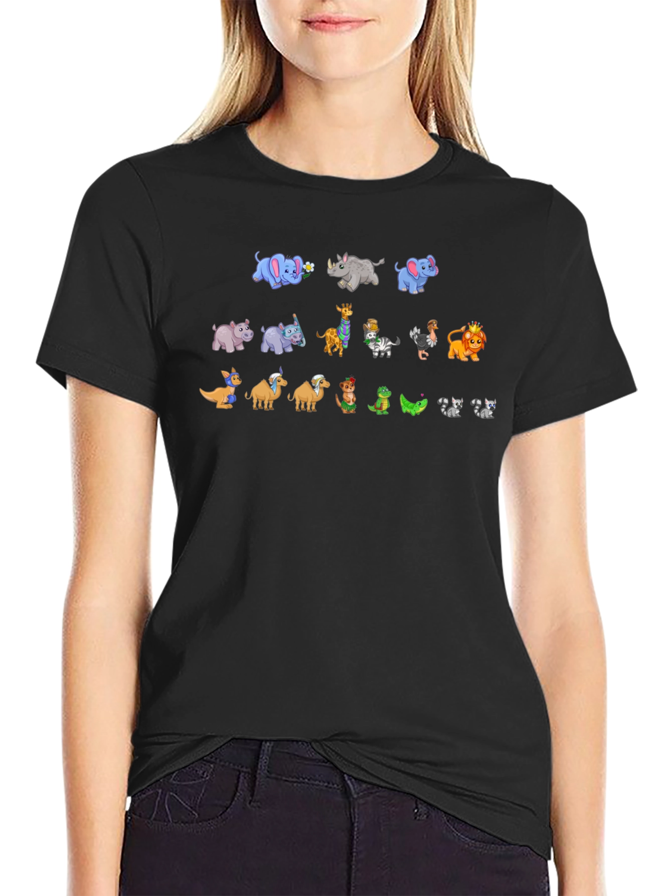 Zoo Animal Cartoon Print Black T-Shirt