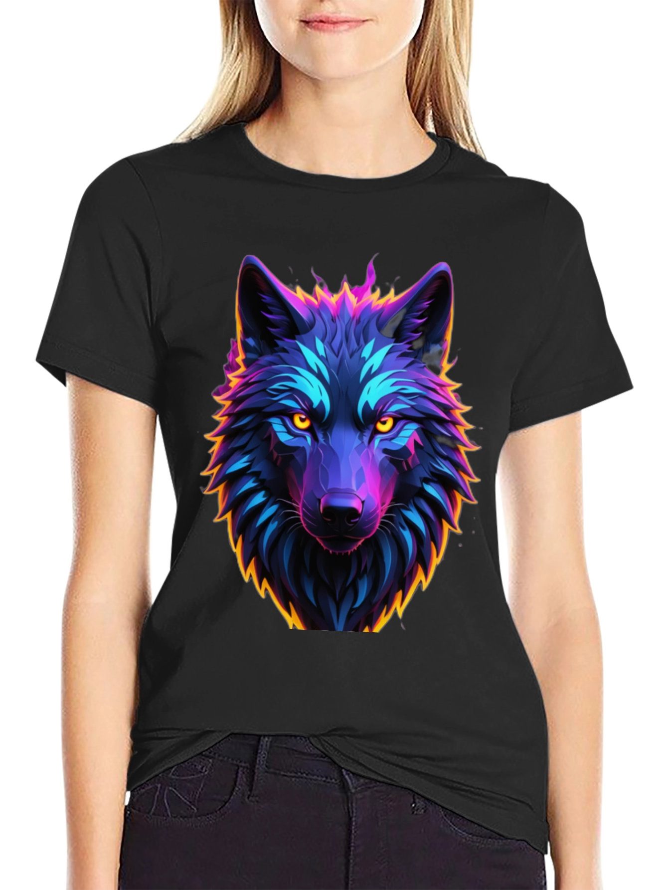 Neon Wolf Graphic Tee - Black Cotton