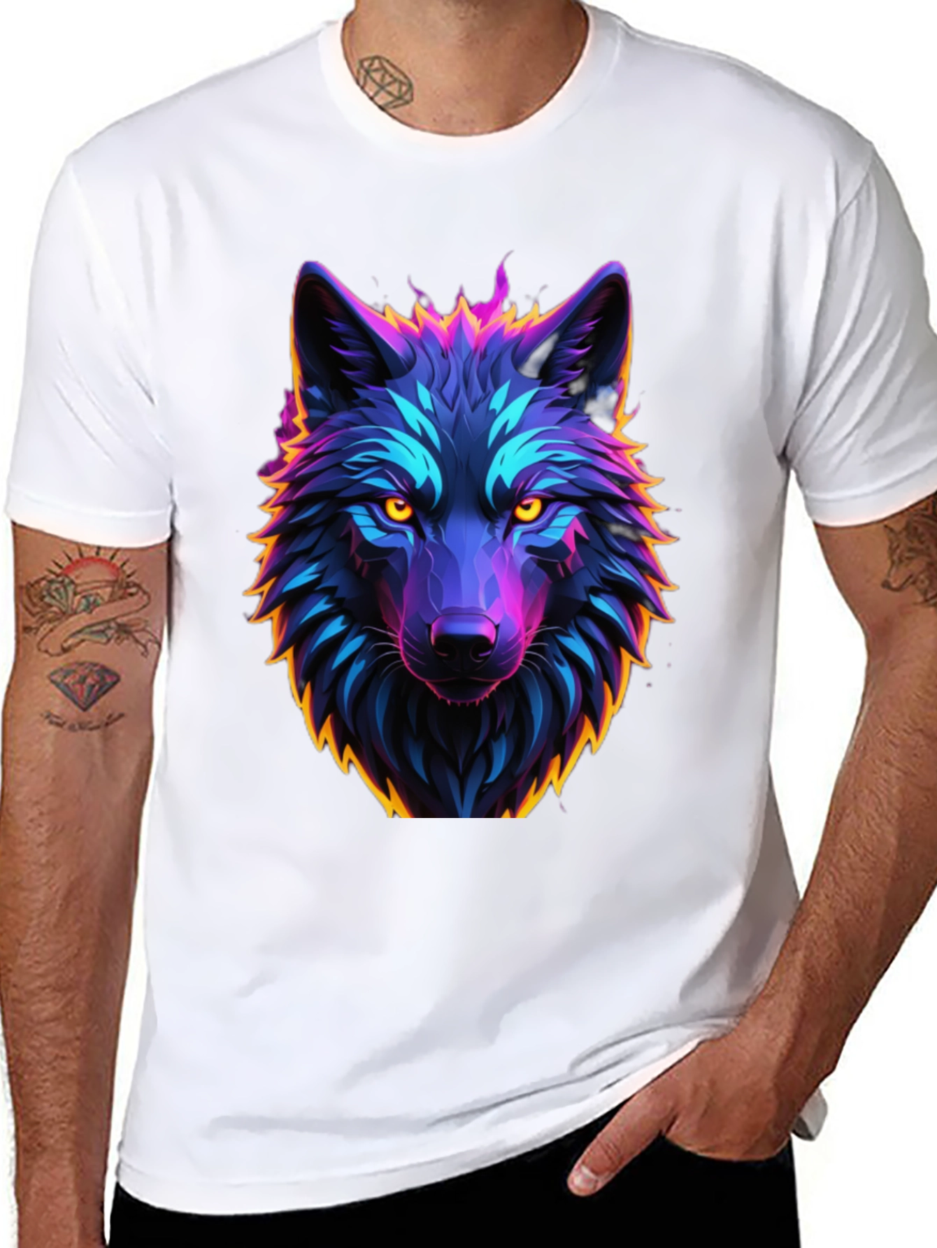 Neon Wolf Graphic Tee - Black Cotton