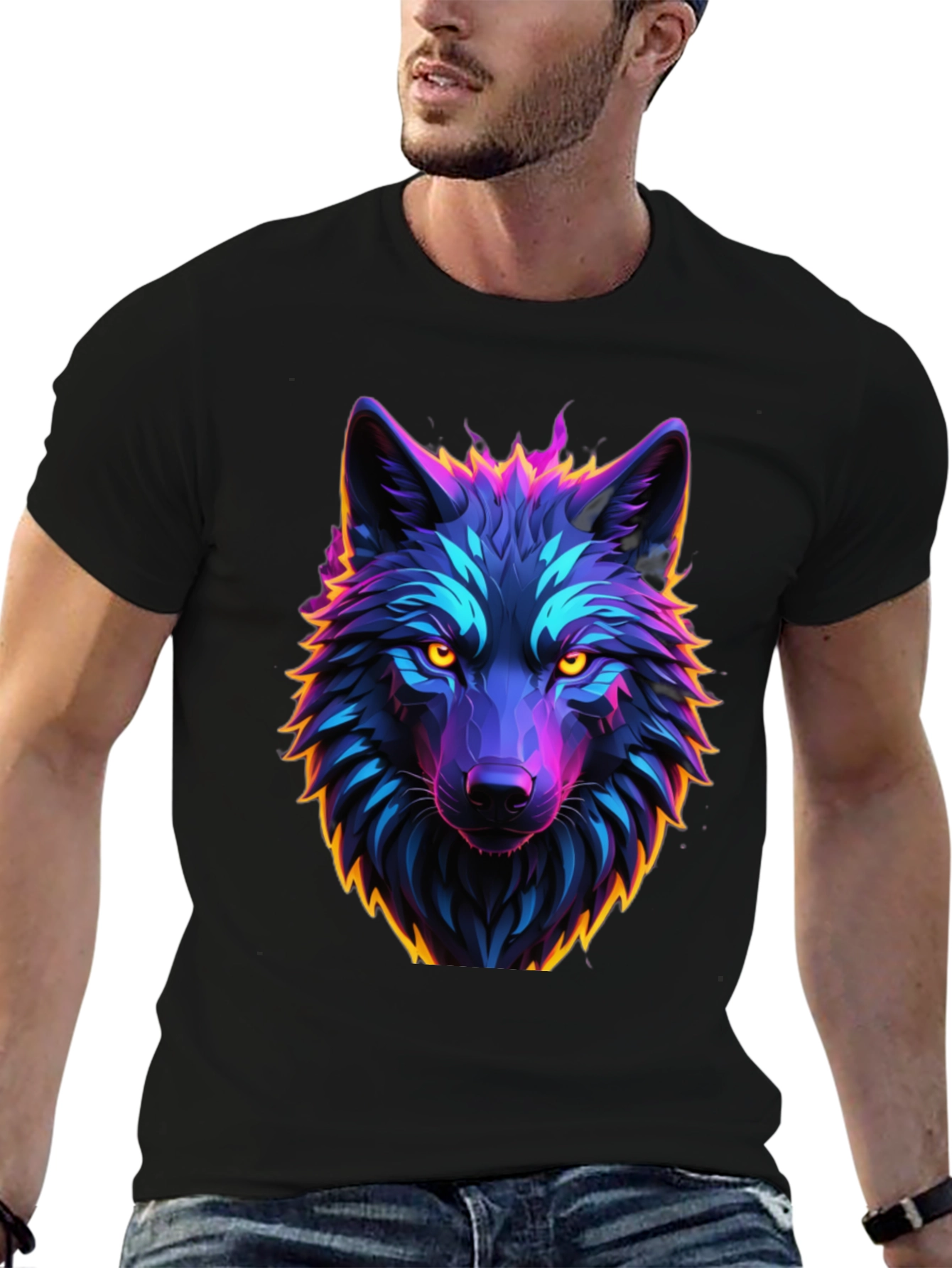 Neon Wolf Graphic Tee - Black Cotton