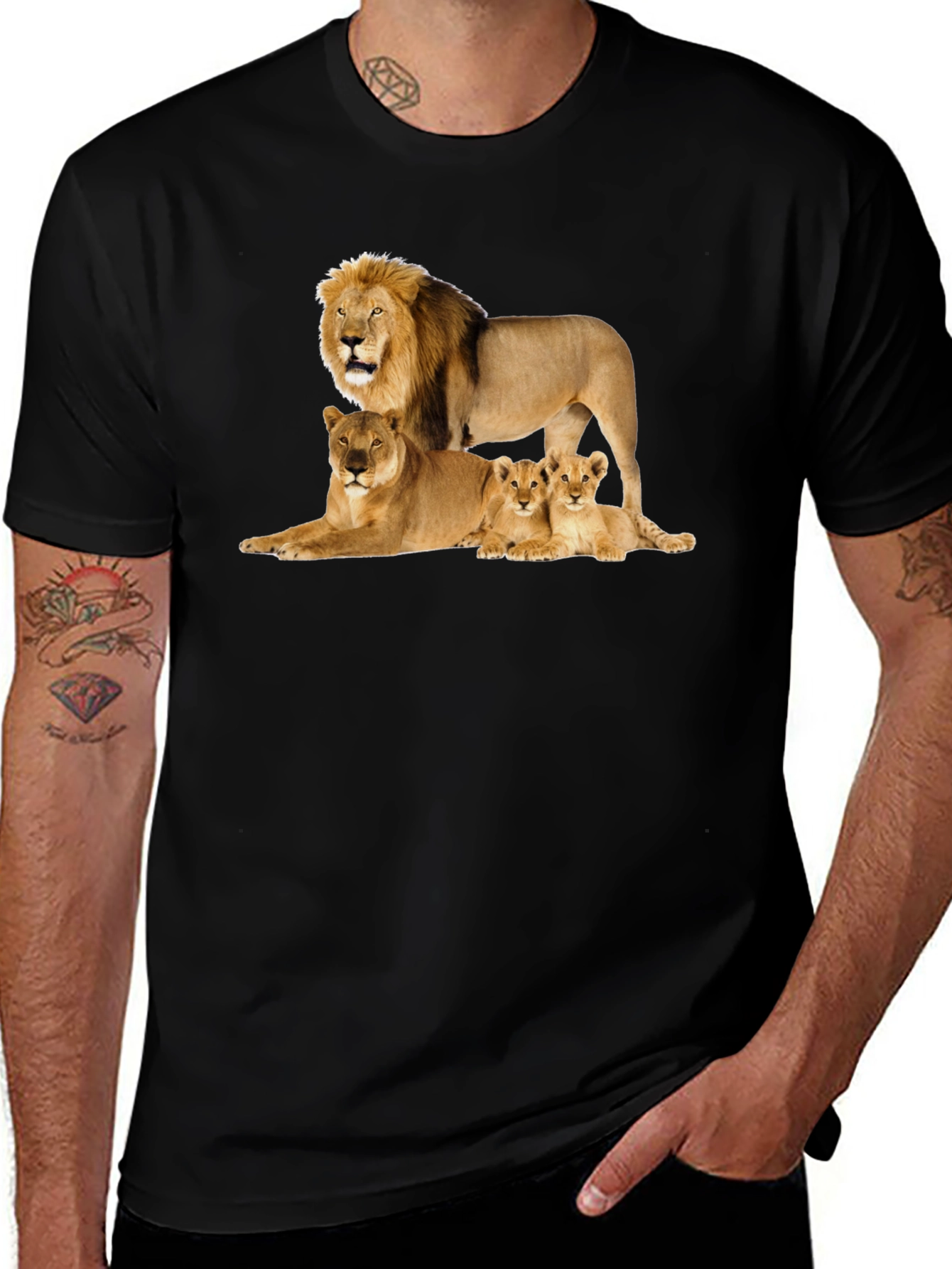 Lion Family Graphic Tee - Black Cotton T-Shirt