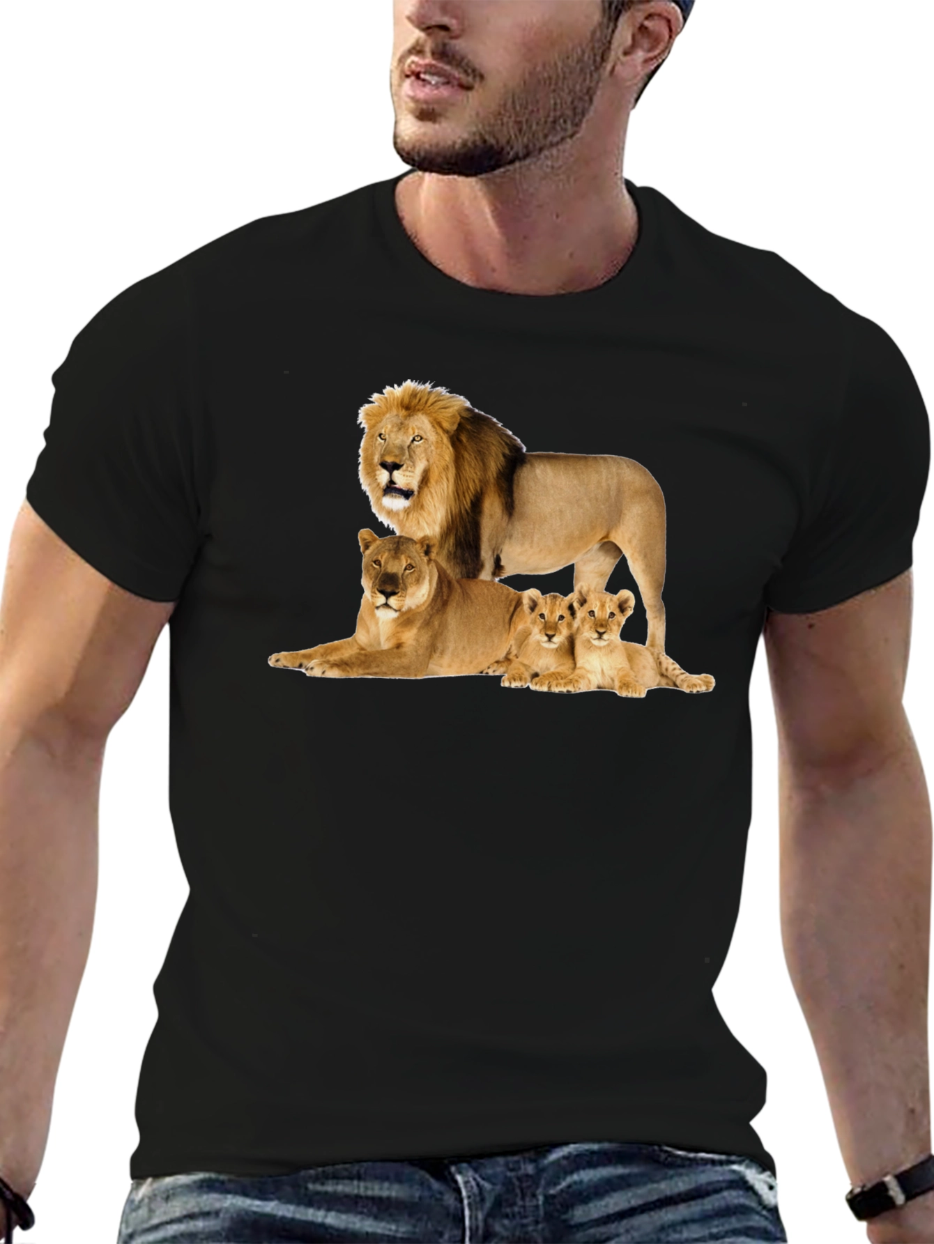 Lion Family Graphic Tee - Black Cotton T-Shirt