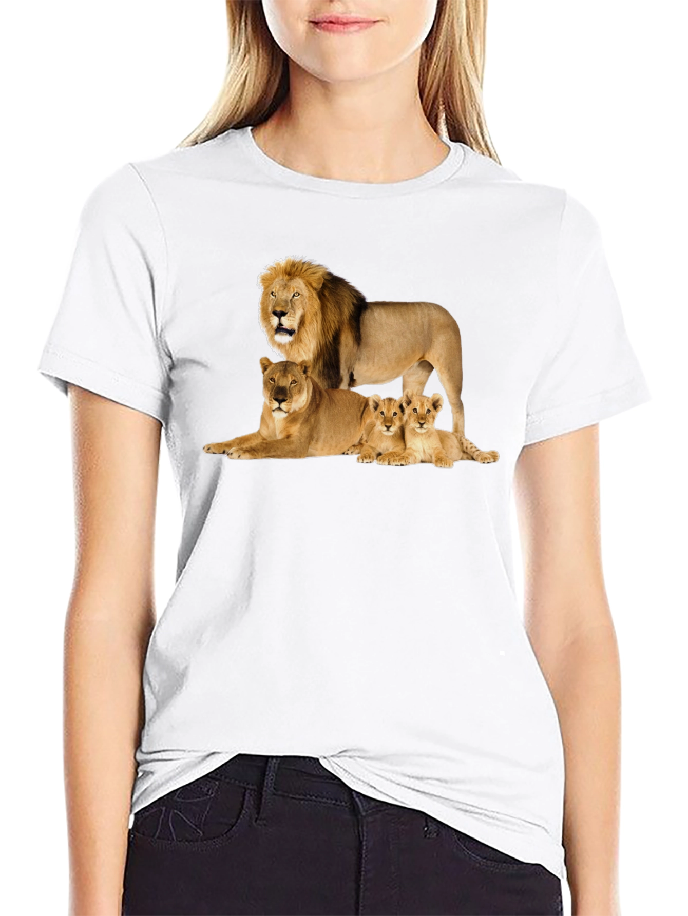 Lion Family Graphic Tee - Black Cotton T-Shirt