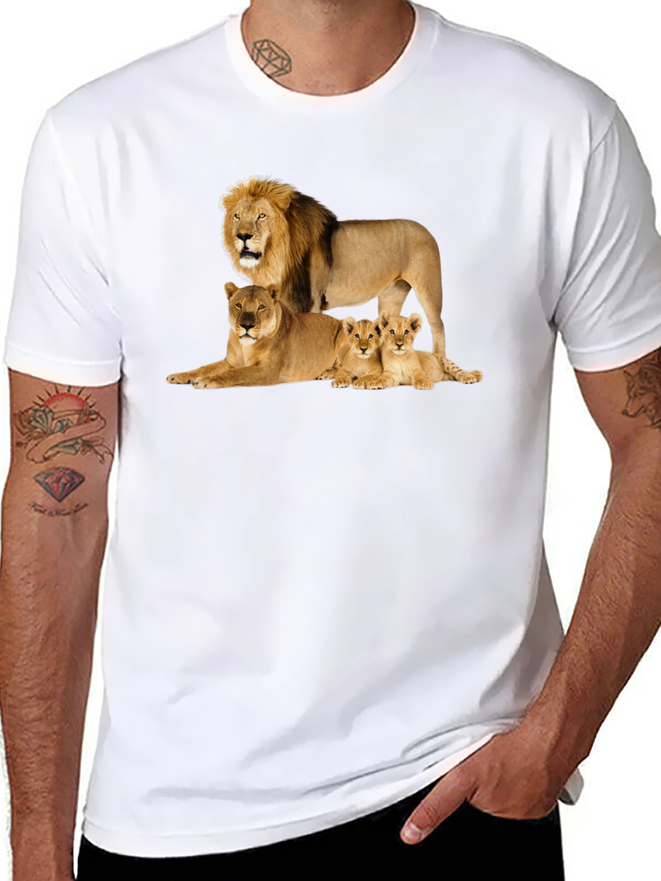 Lion Family Graphic Tee - Black Cotton T-Shirt