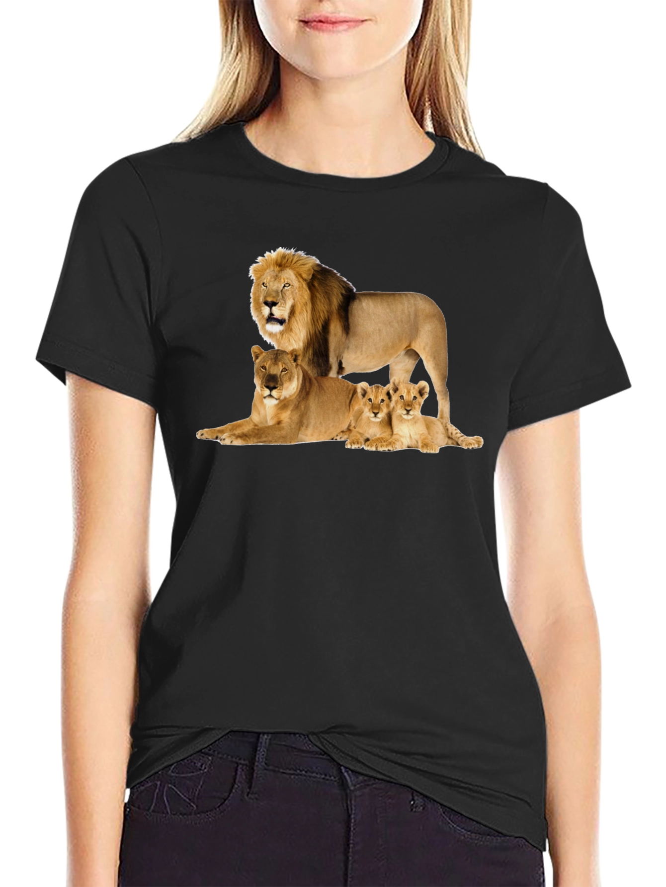 Lion Family Graphic Tee - Black Cotton T-Shirt