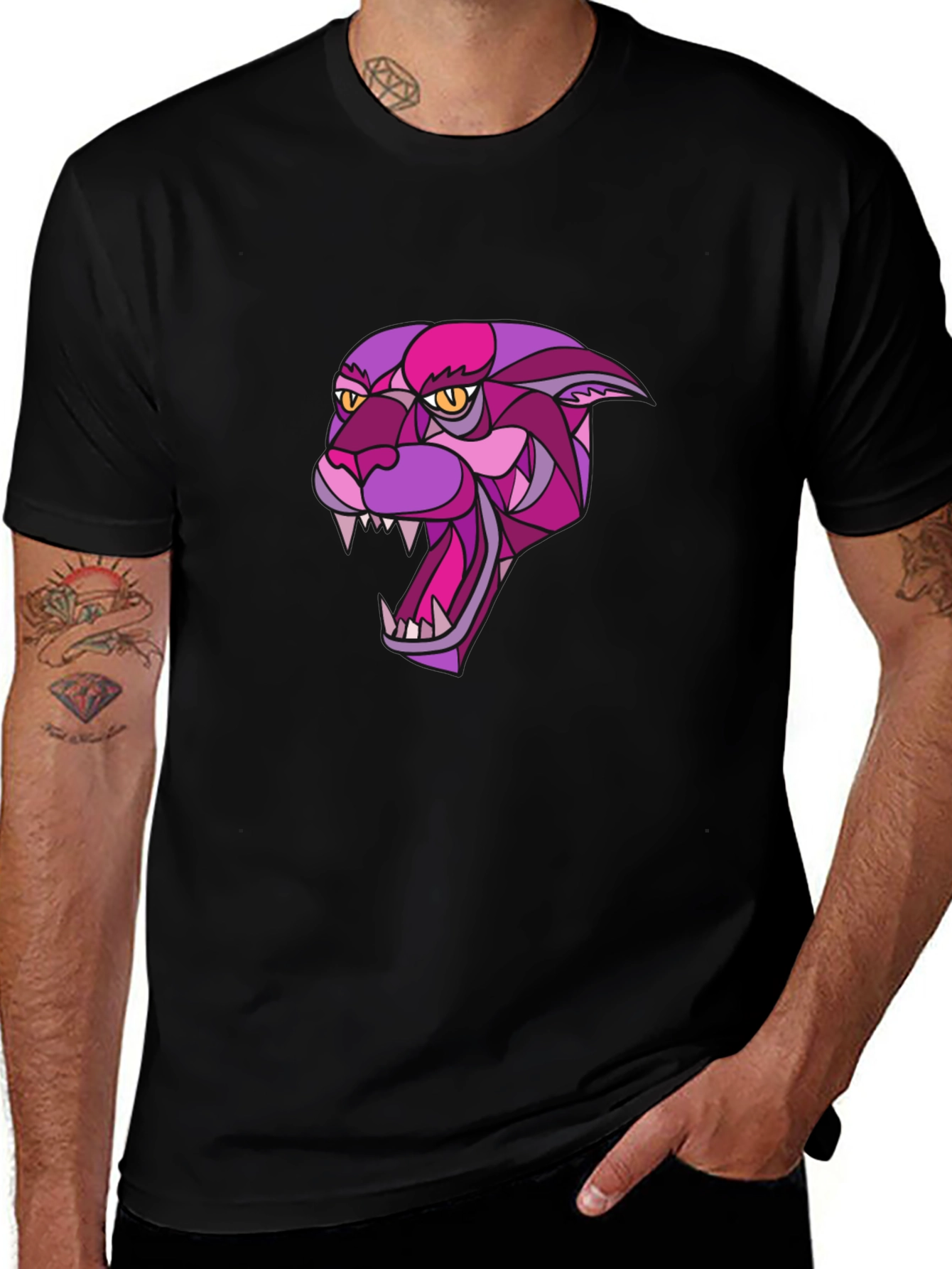 Black T-Shirt with Geometric Panther Design
