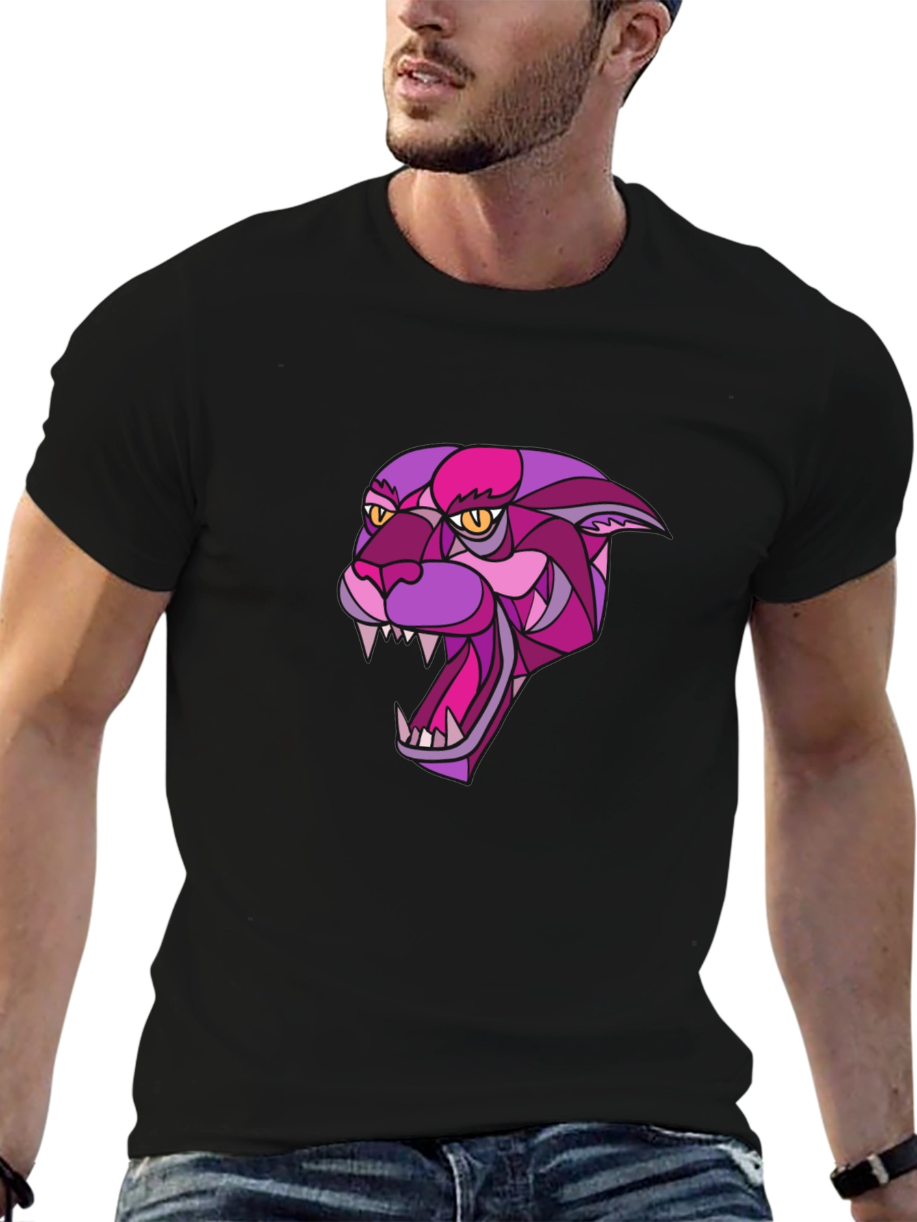 Black T-Shirt with Geometric Panther Design