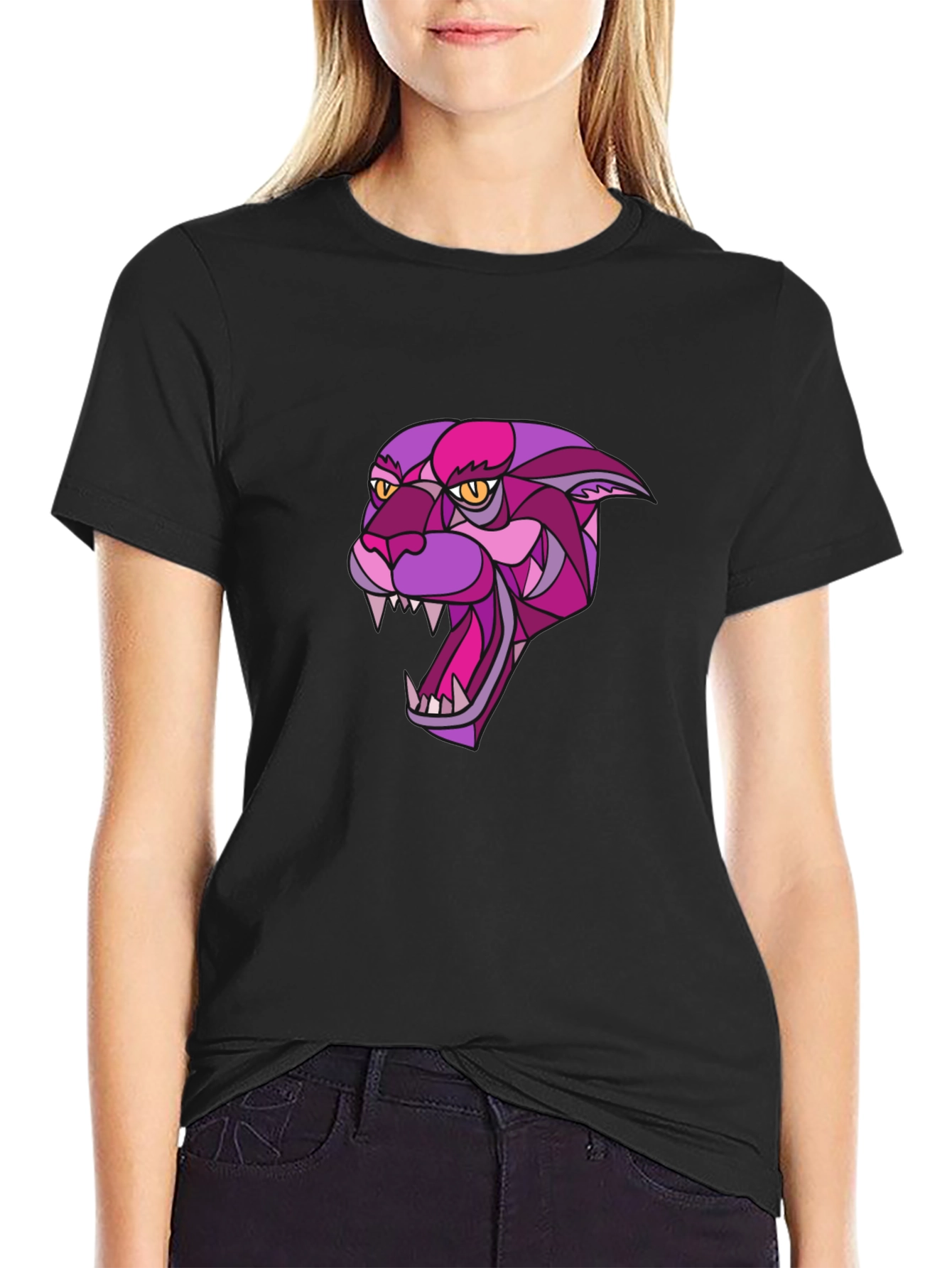Black T-Shirt with Geometric Panther Design