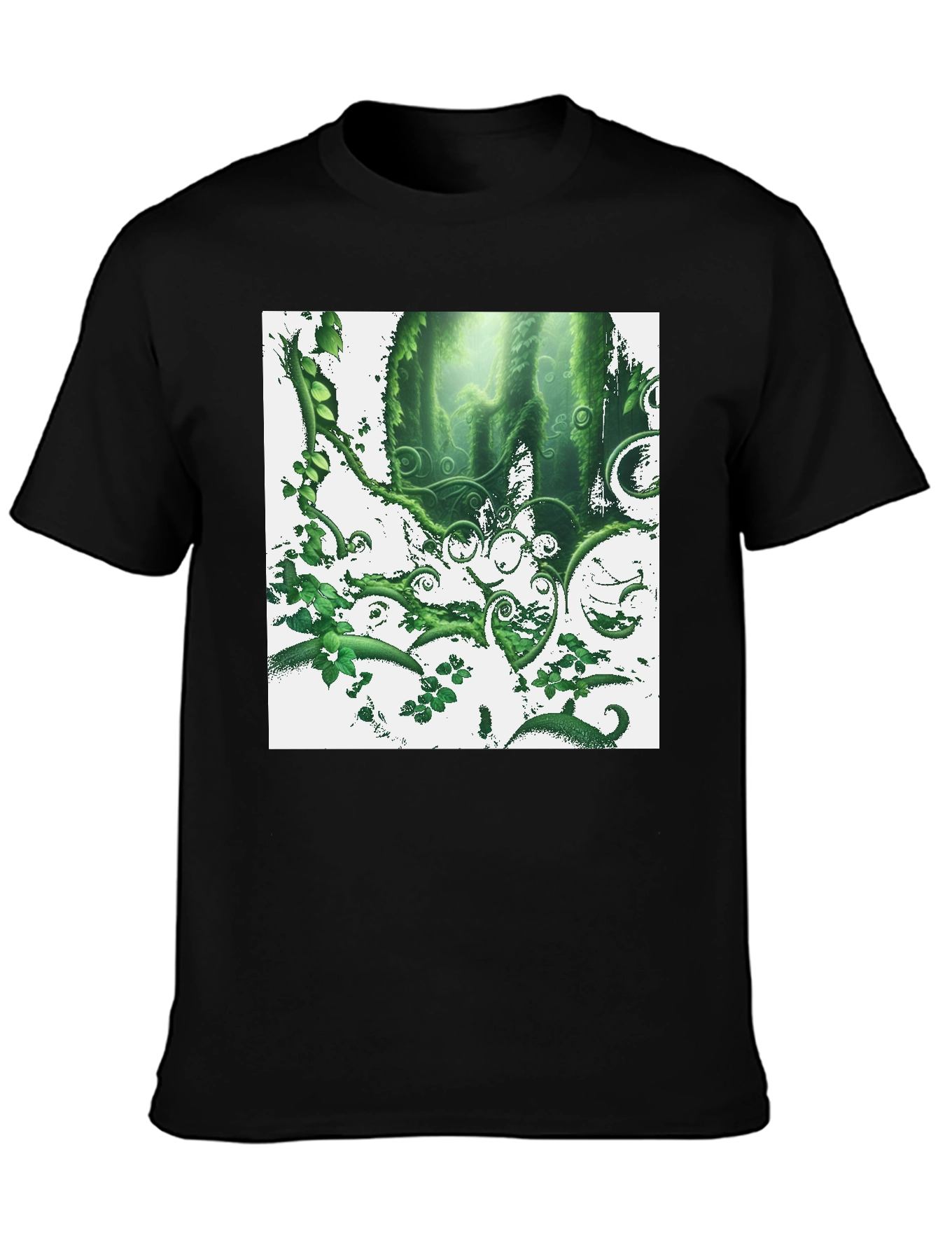 Nature Forest T-Shirt: Green Foliage Design on Black