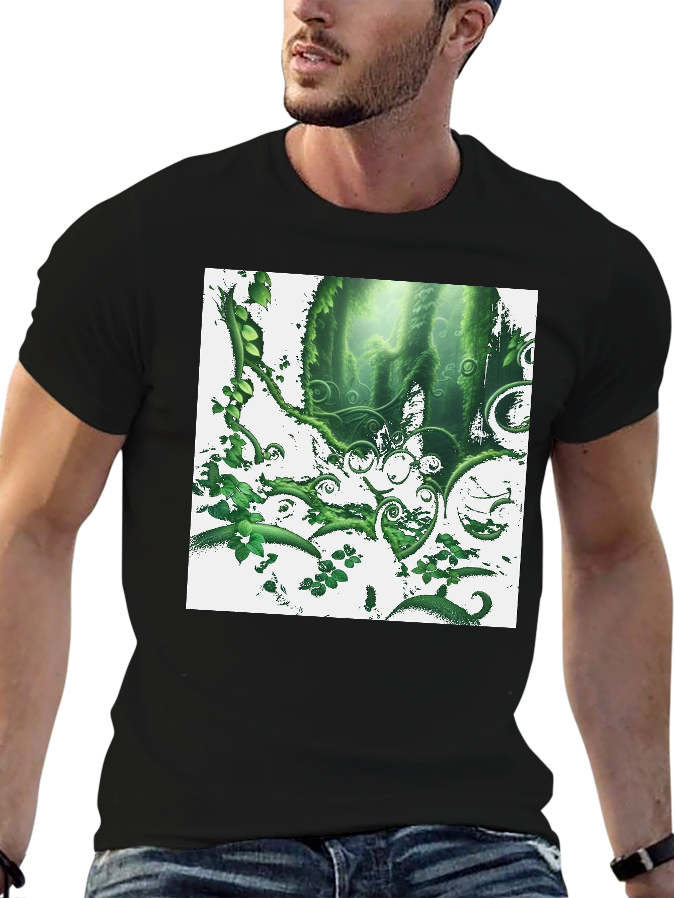 Nature Forest T-Shirt: Green Foliage Design on Black