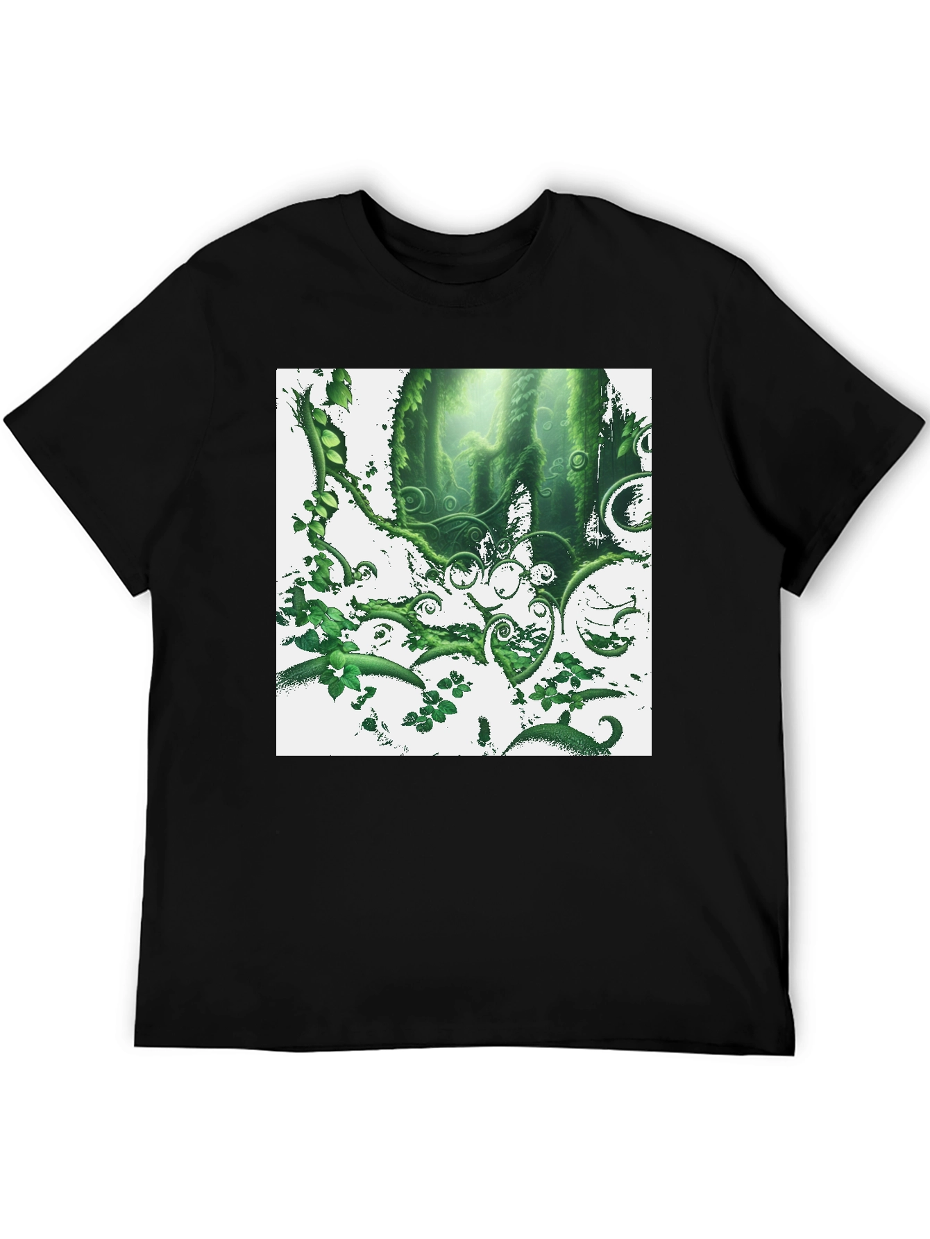 Nature Forest T-Shirt: Green Foliage Design on Black
