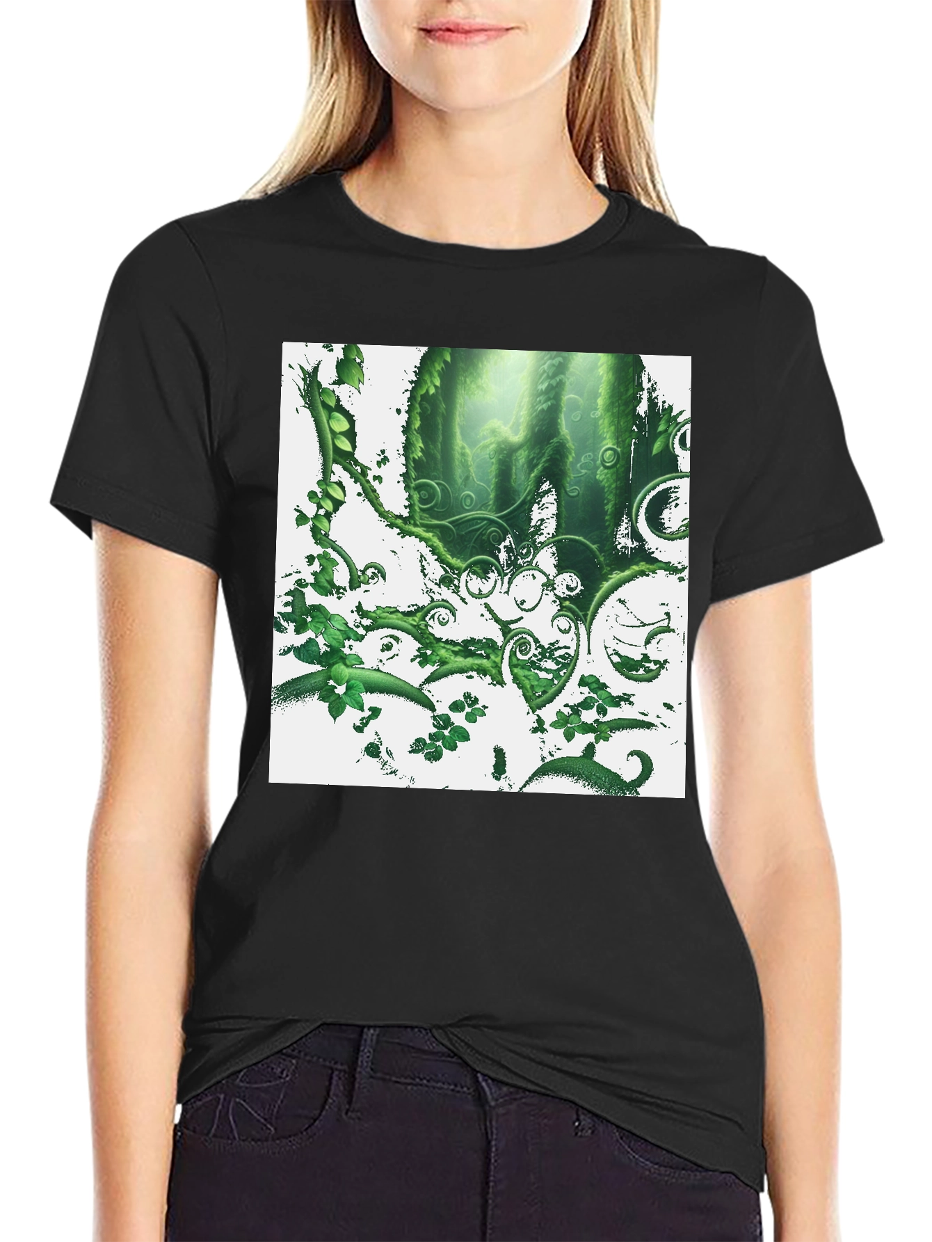 Nature Forest T-Shirt: Green Foliage Design on Black