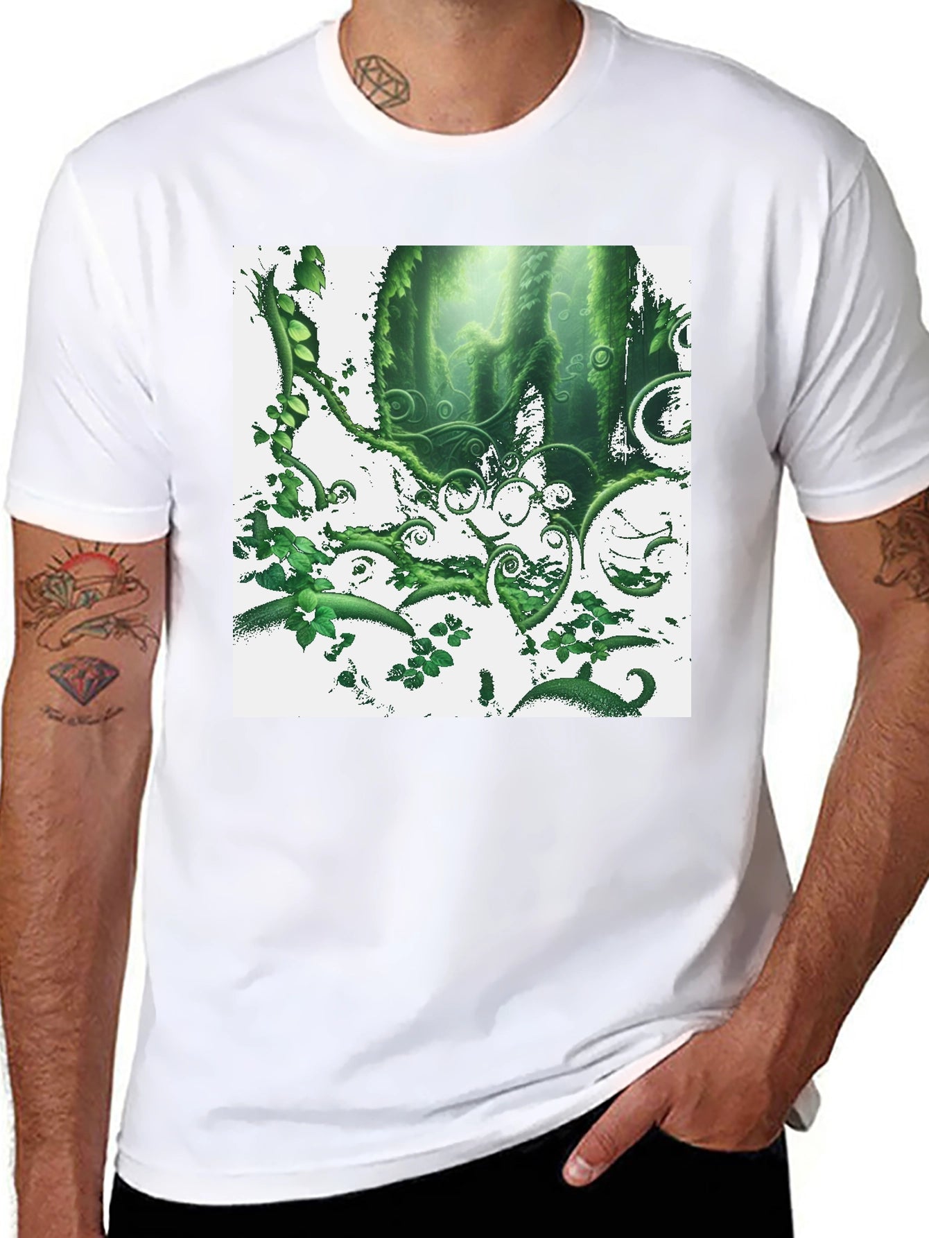 Nature Forest T-Shirt: Green Foliage Design on Black