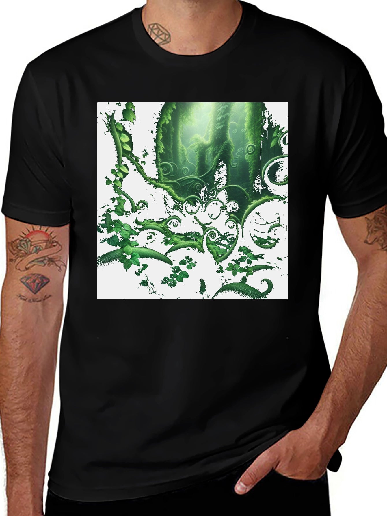 Nature Forest T-Shirt: Green Foliage Design on Black