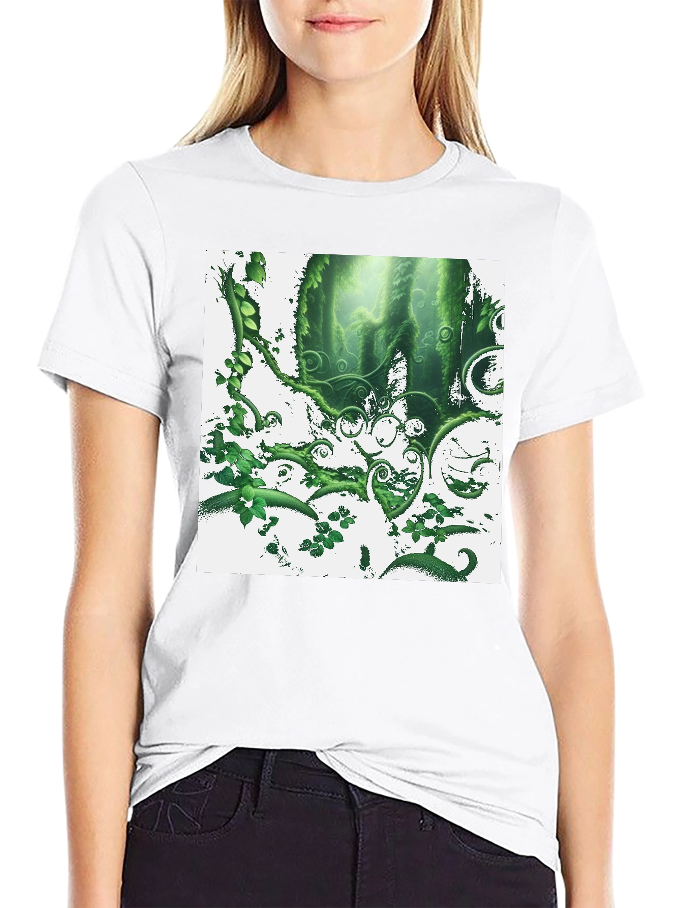 Nature Forest T-Shirt: Green Foliage Design on Black
