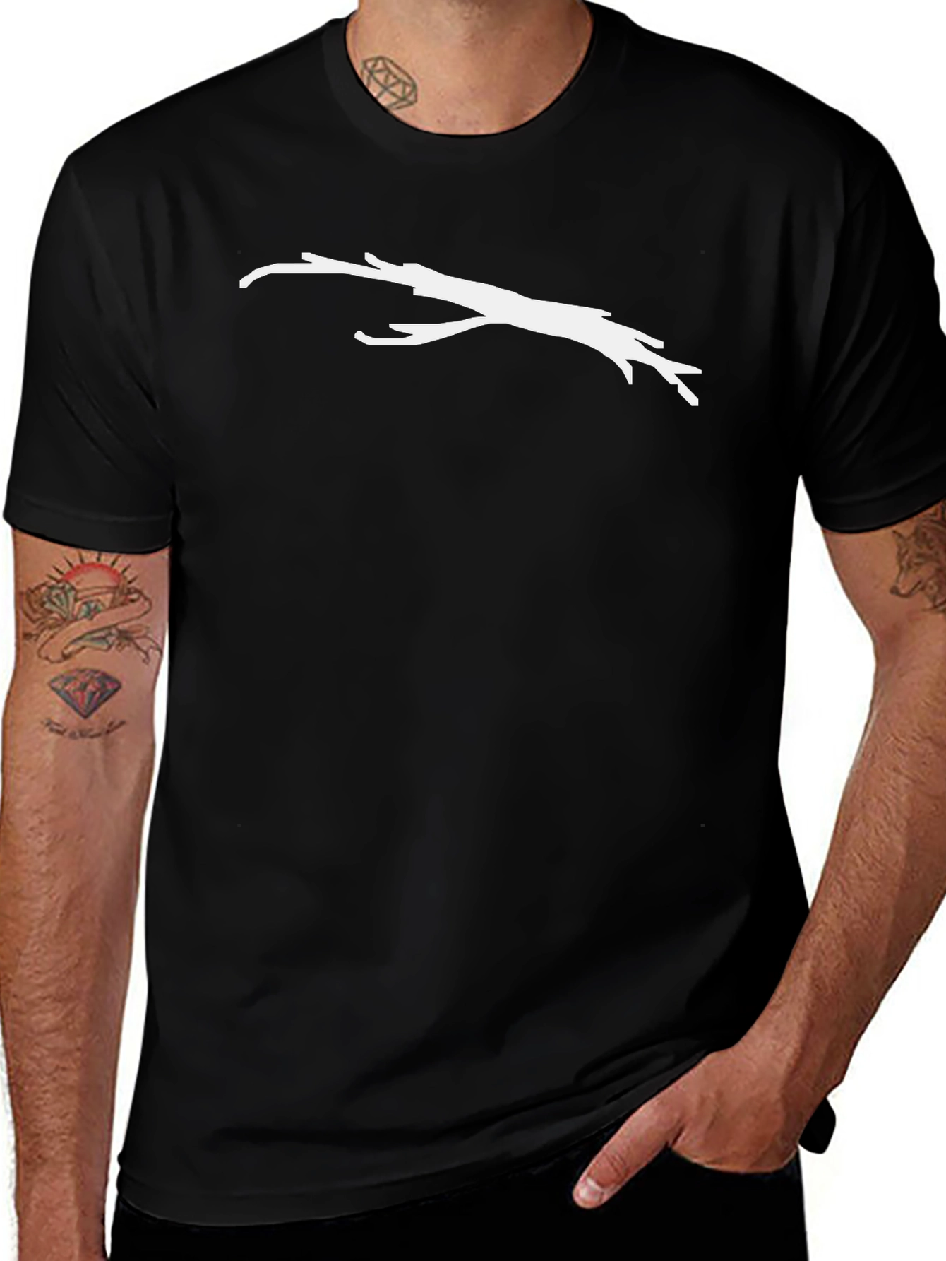 Mens Black T-Shirt with White Branch Design
