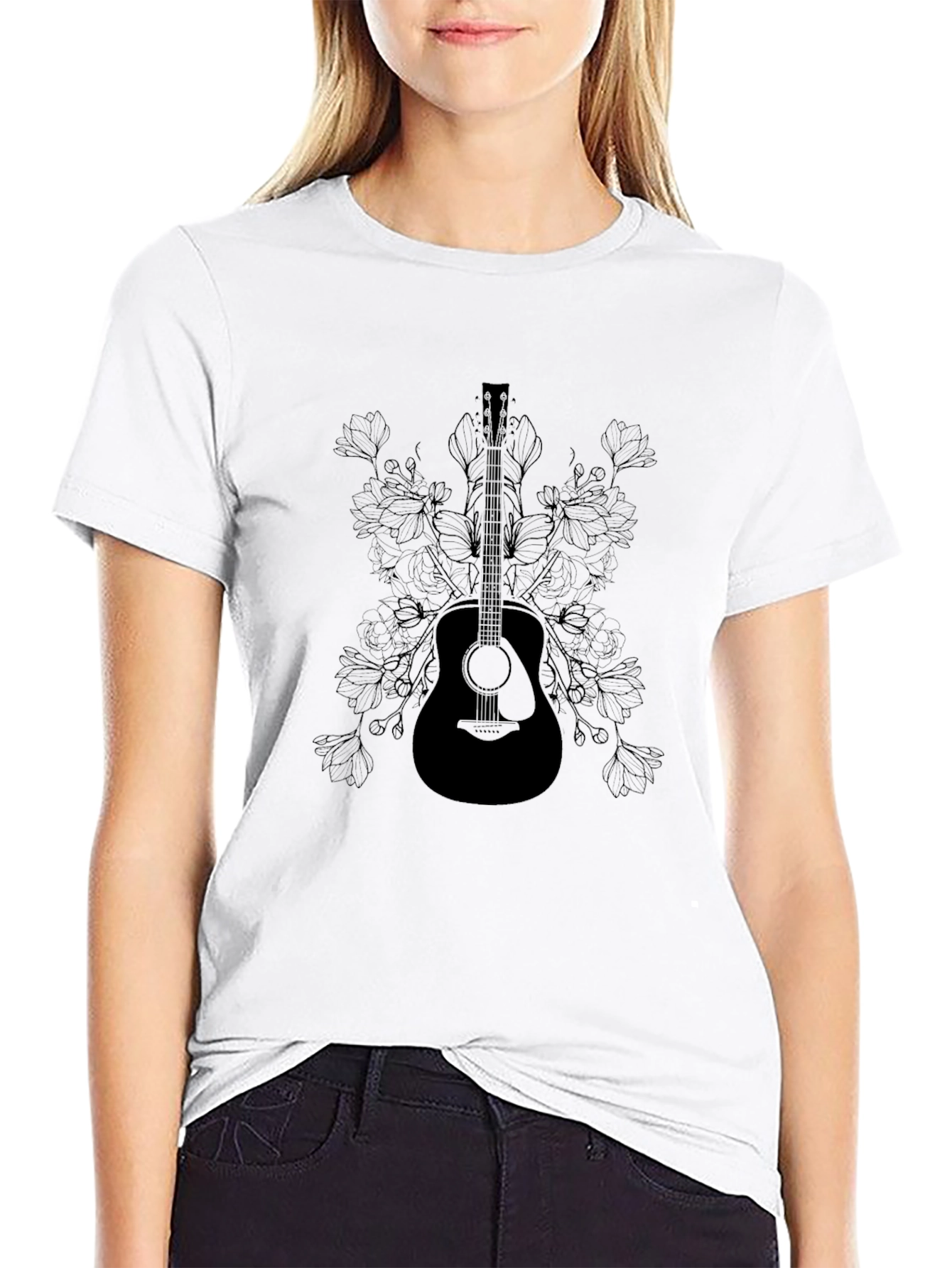 Guitar & Floral Graphic T-Shirt - Black