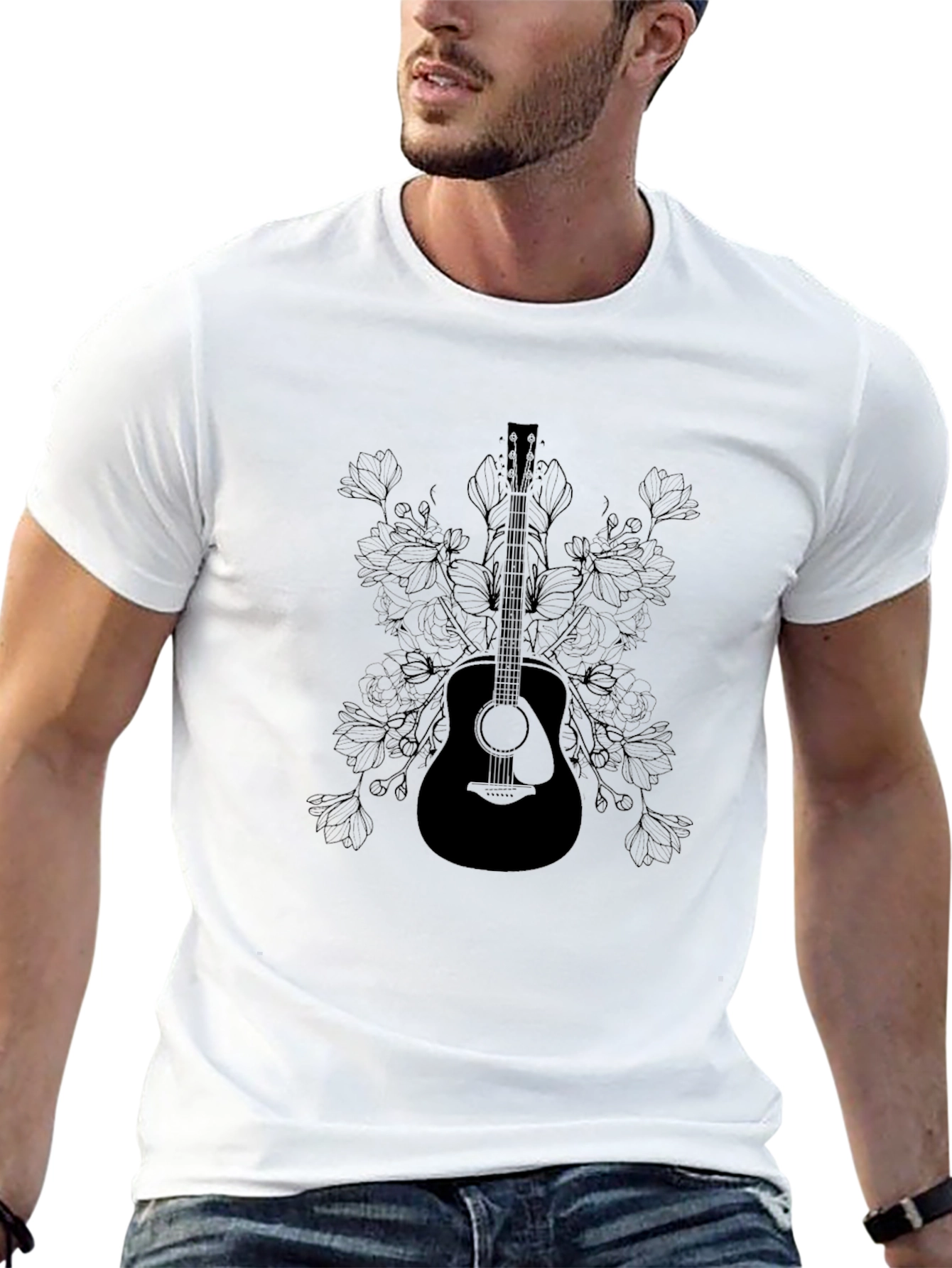 Guitar & Floral Graphic T-Shirt - Black
