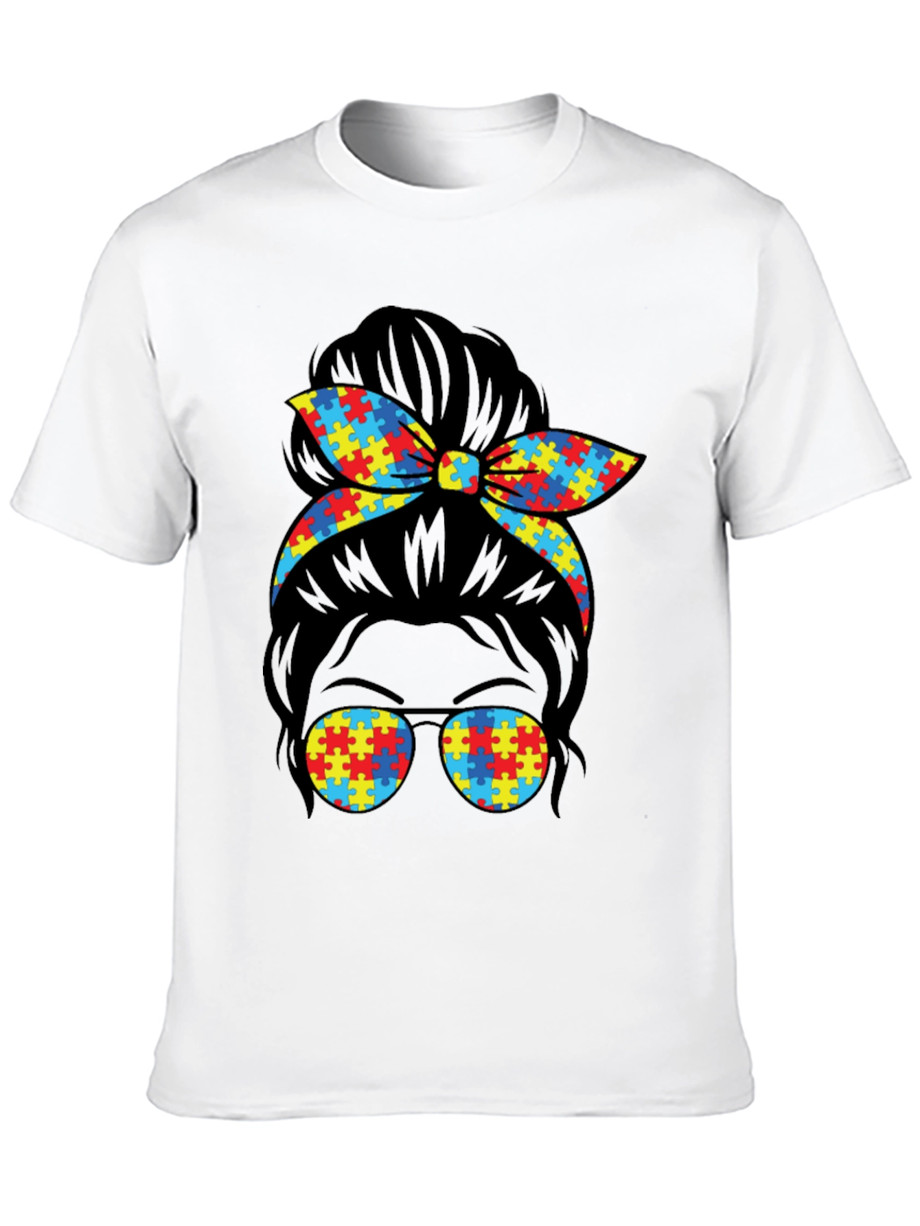 Autism Awareness Puzzle Piece Messy Bun T-Shirt
