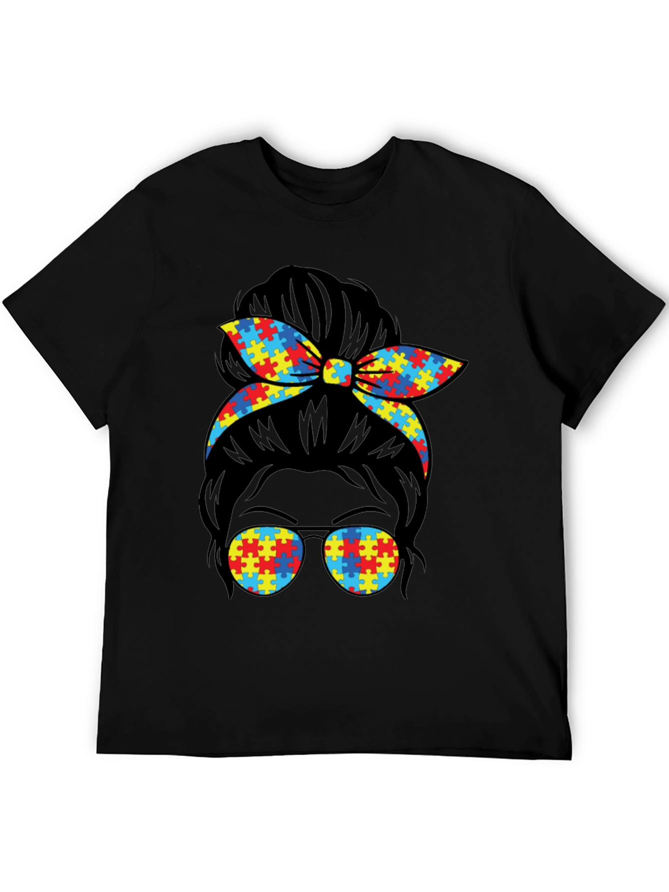 Autism Awareness Puzzle Piece Messy Bun T-Shirt