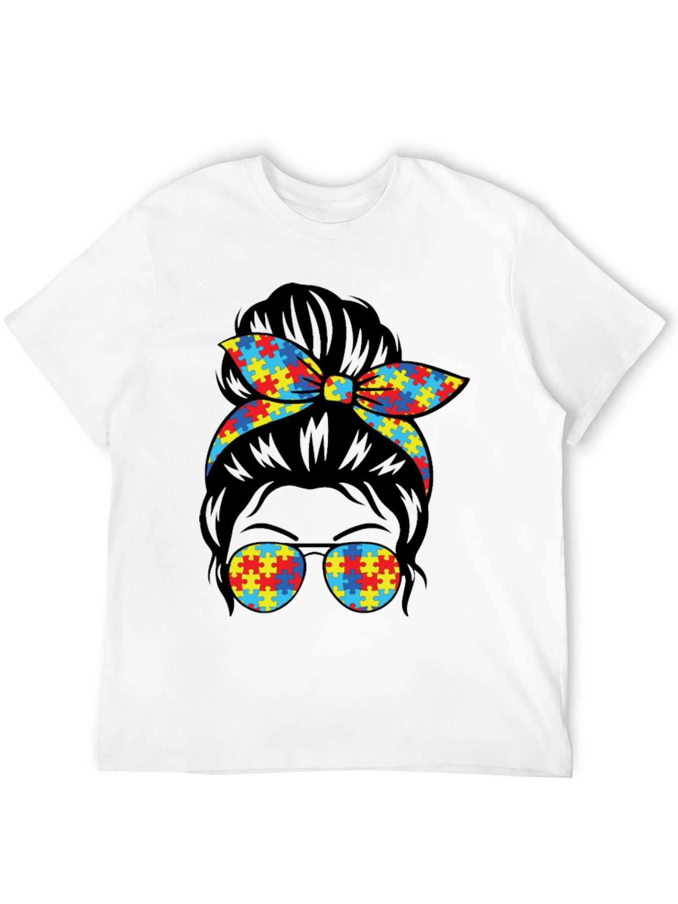 Autism Awareness Puzzle Piece Messy Bun T-Shirt