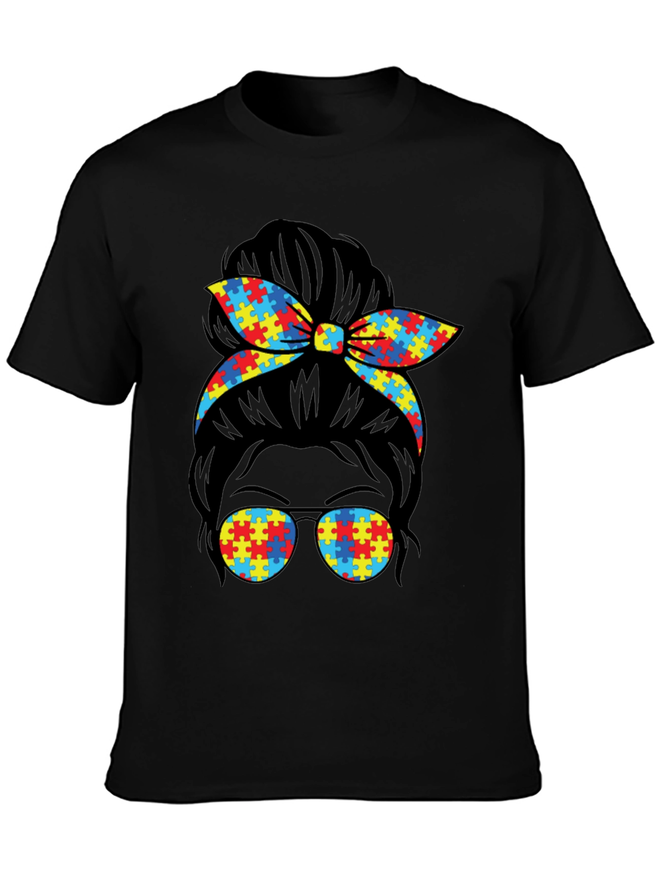 Autism Awareness Puzzle Piece Messy Bun T-Shirt