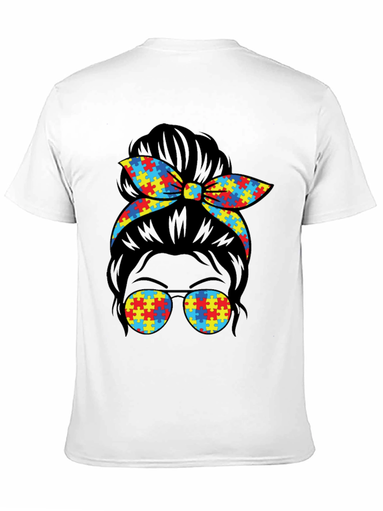 Autism Awareness Puzzle Piece Messy Bun T-Shirt