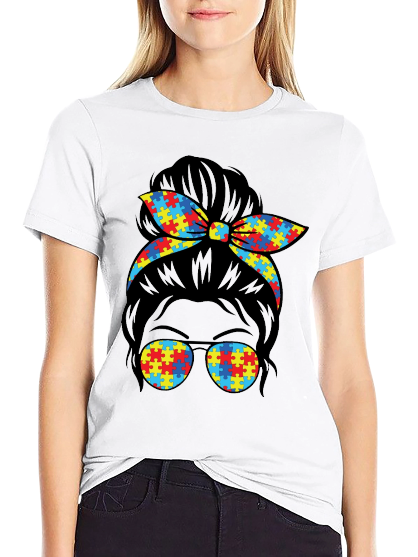 Autism Awareness Puzzle Piece Messy Bun T-Shirt