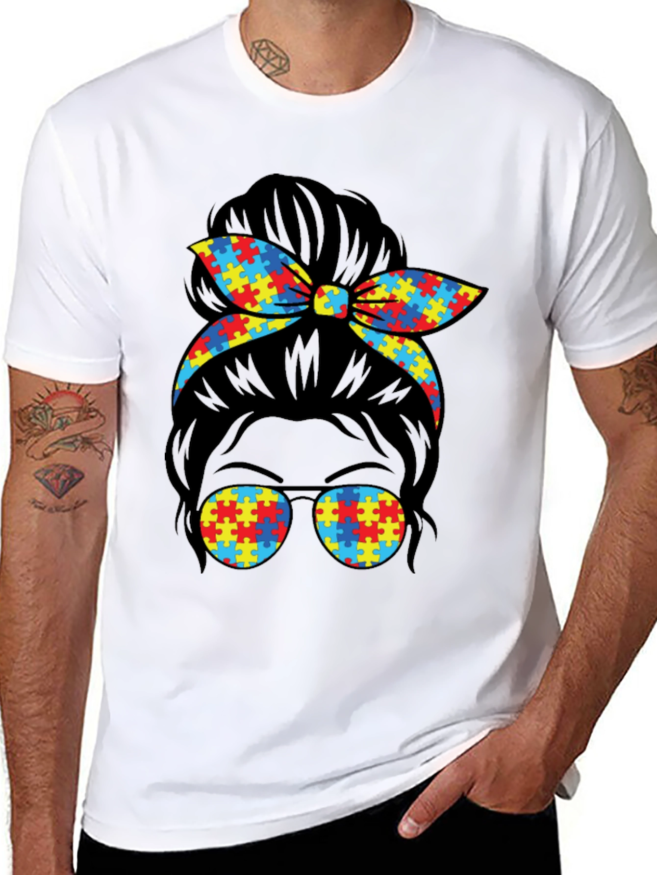 Autism Awareness Puzzle Piece Messy Bun T-Shirt