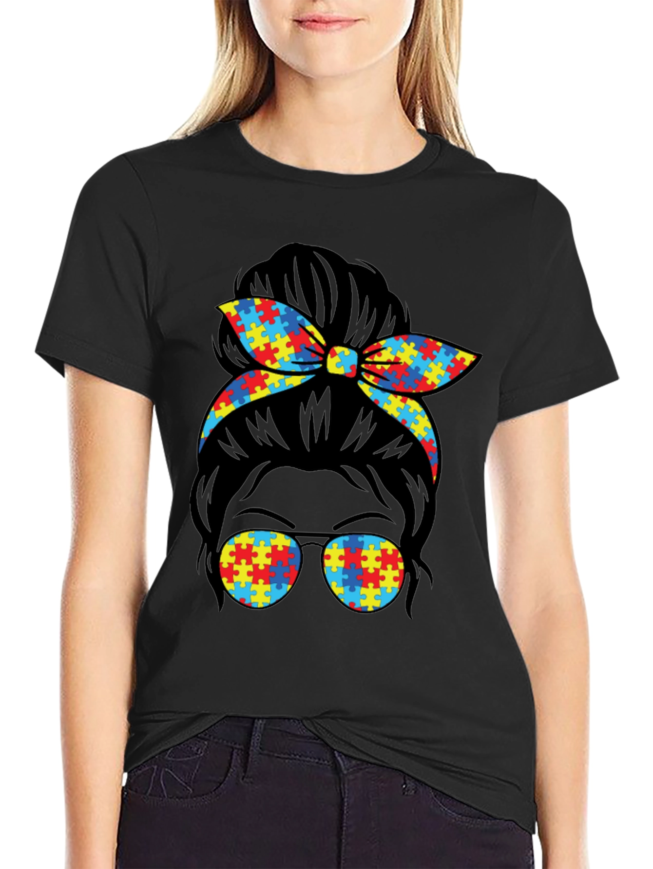 Autism Awareness Puzzle Piece Messy Bun T-Shirt