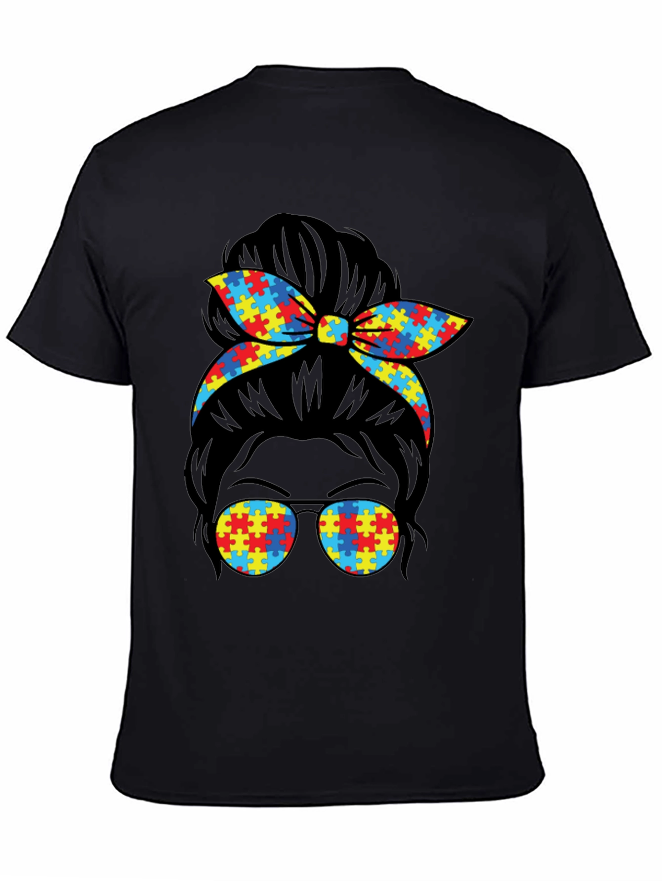 Autism Awareness Puzzle Piece Messy Bun T-Shirt
