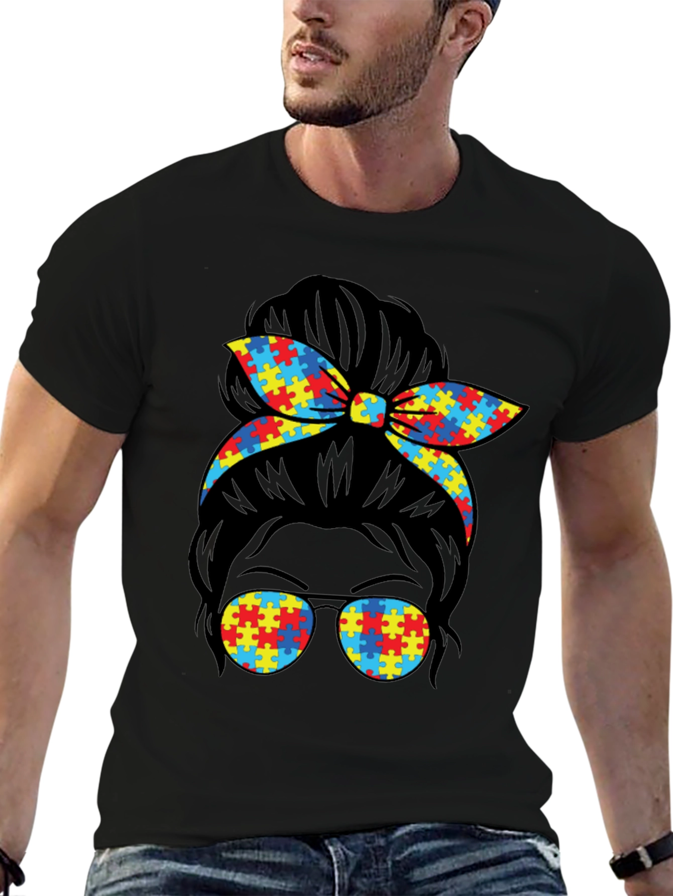 Autism Awareness Puzzle Piece Messy Bun T-Shirt
