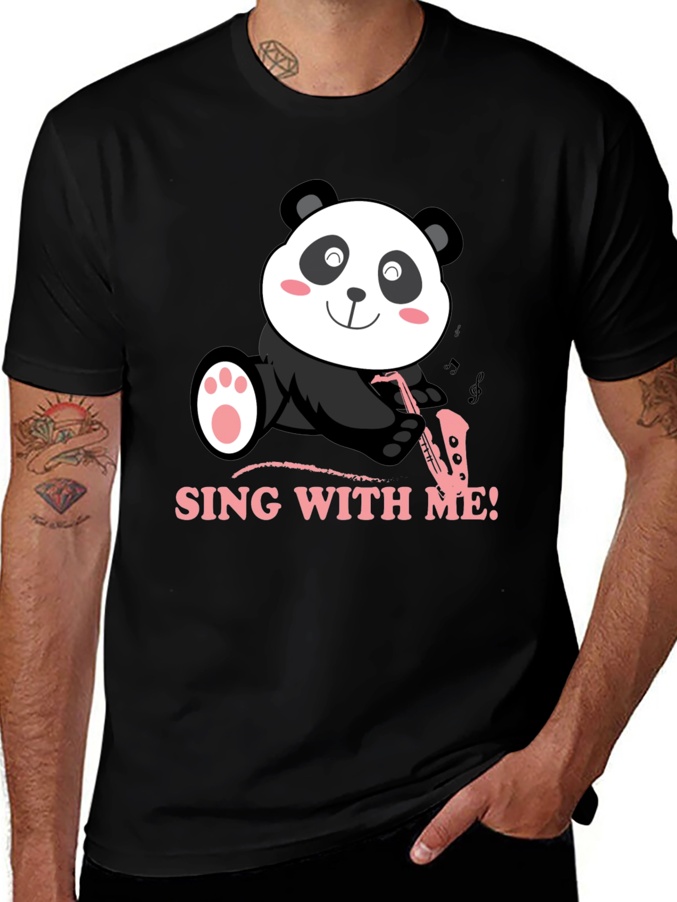 Panda Saxophone Sing With Me Black T-Shirt