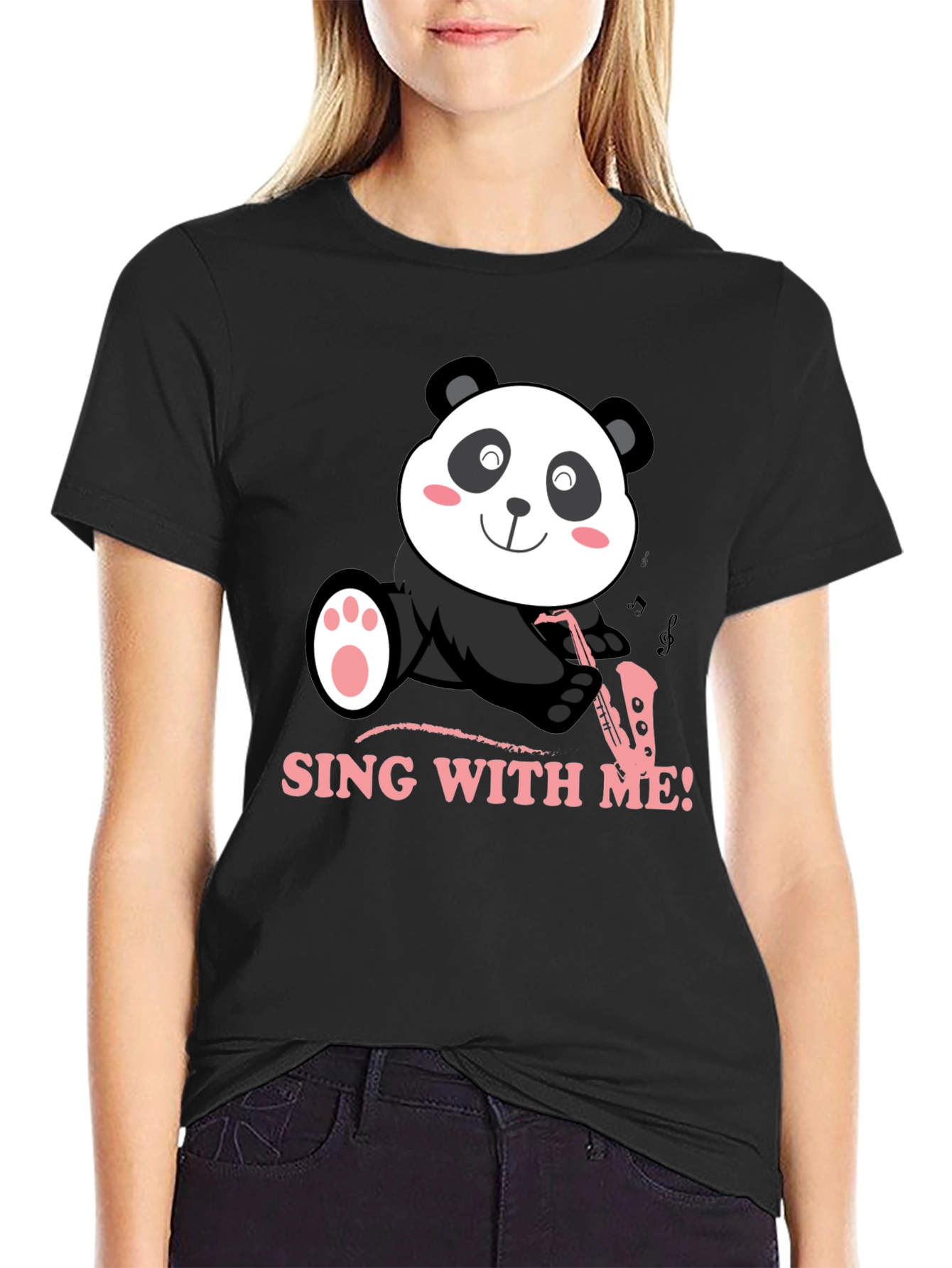 Panda Saxophone Sing With Me Black T-Shirt