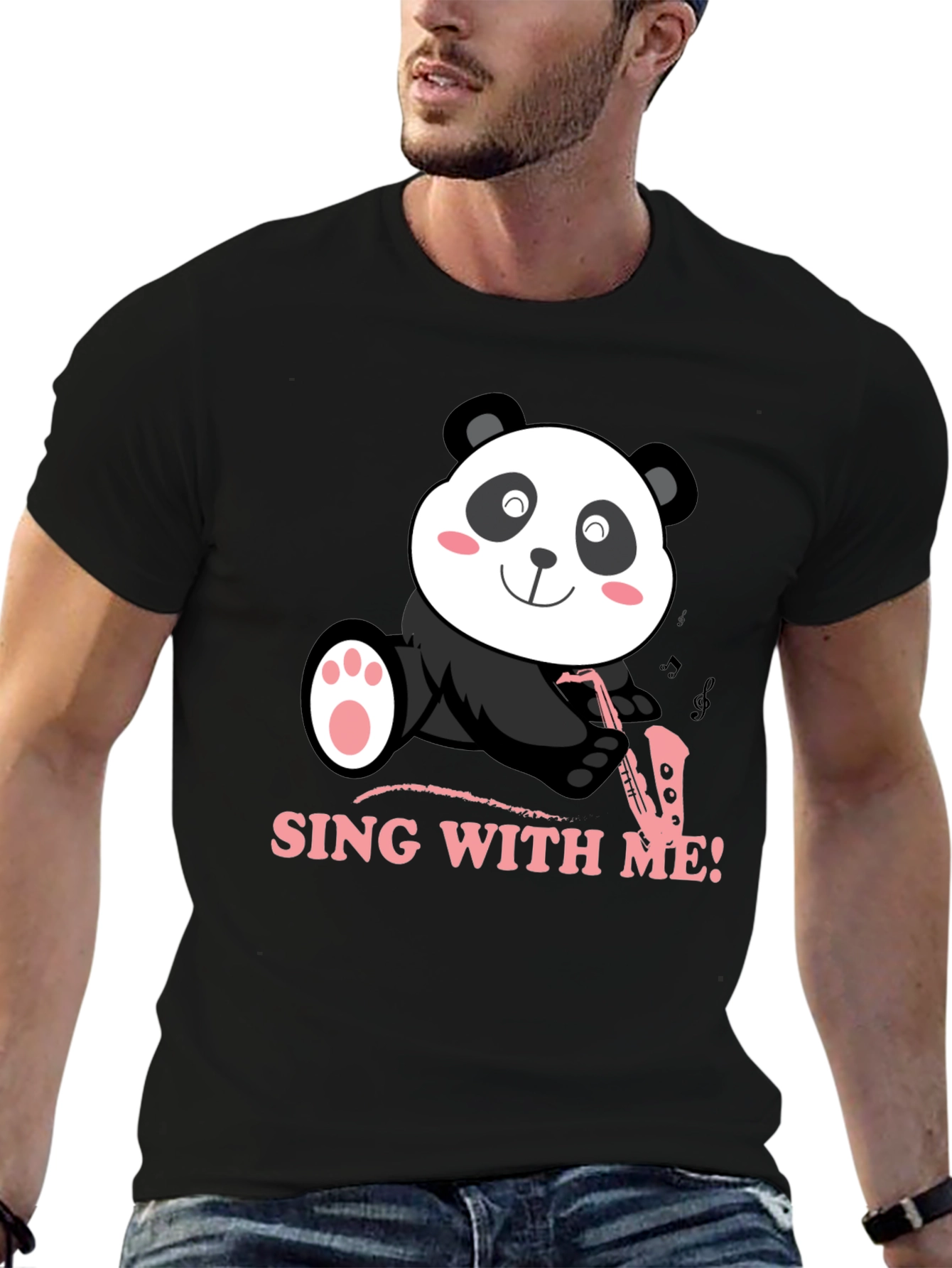 Panda Saxophone Sing With Me Black T-Shirt