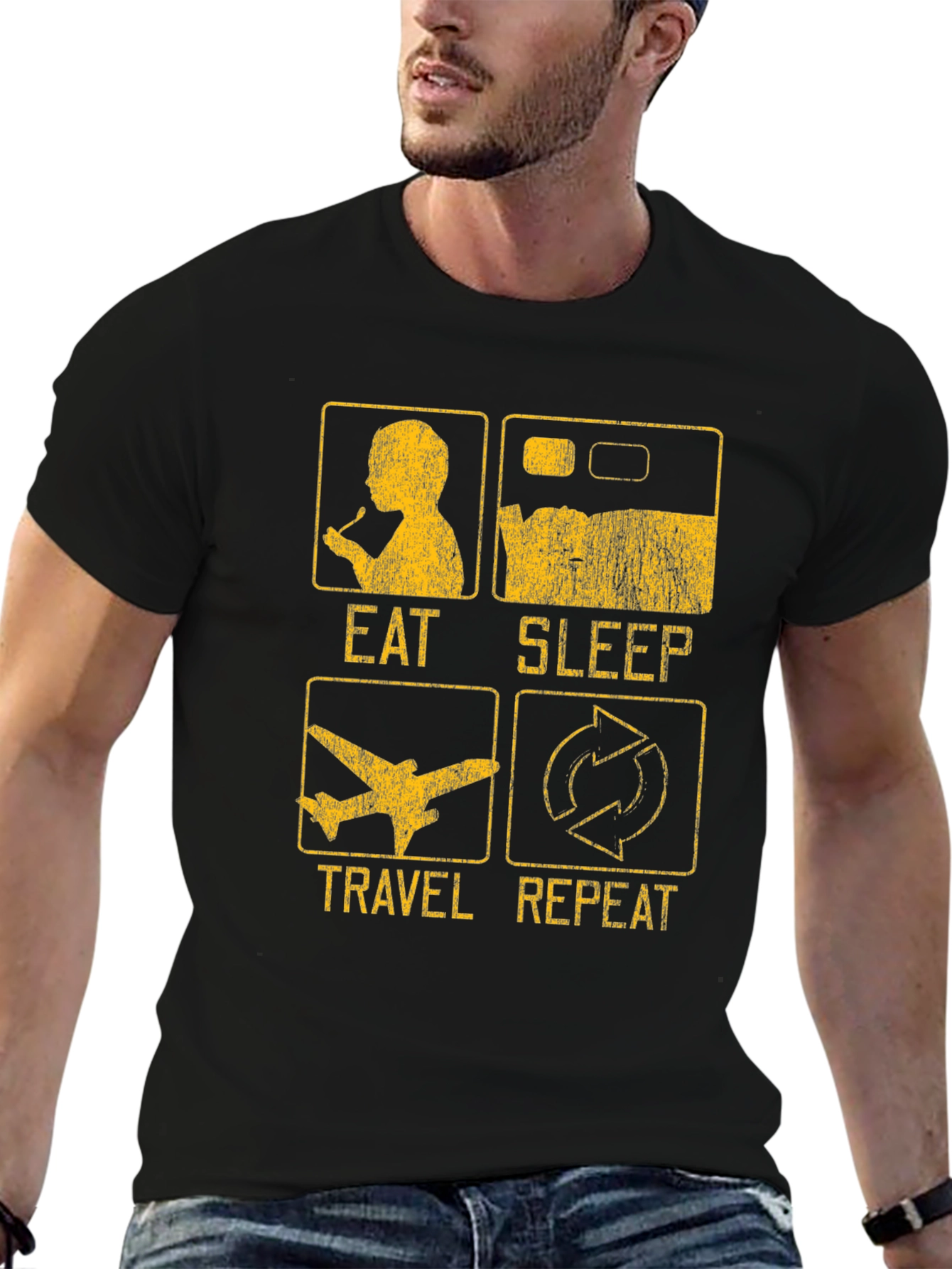Eat Sleep Travel Repeat T-Shirt - Black Cotton Tee