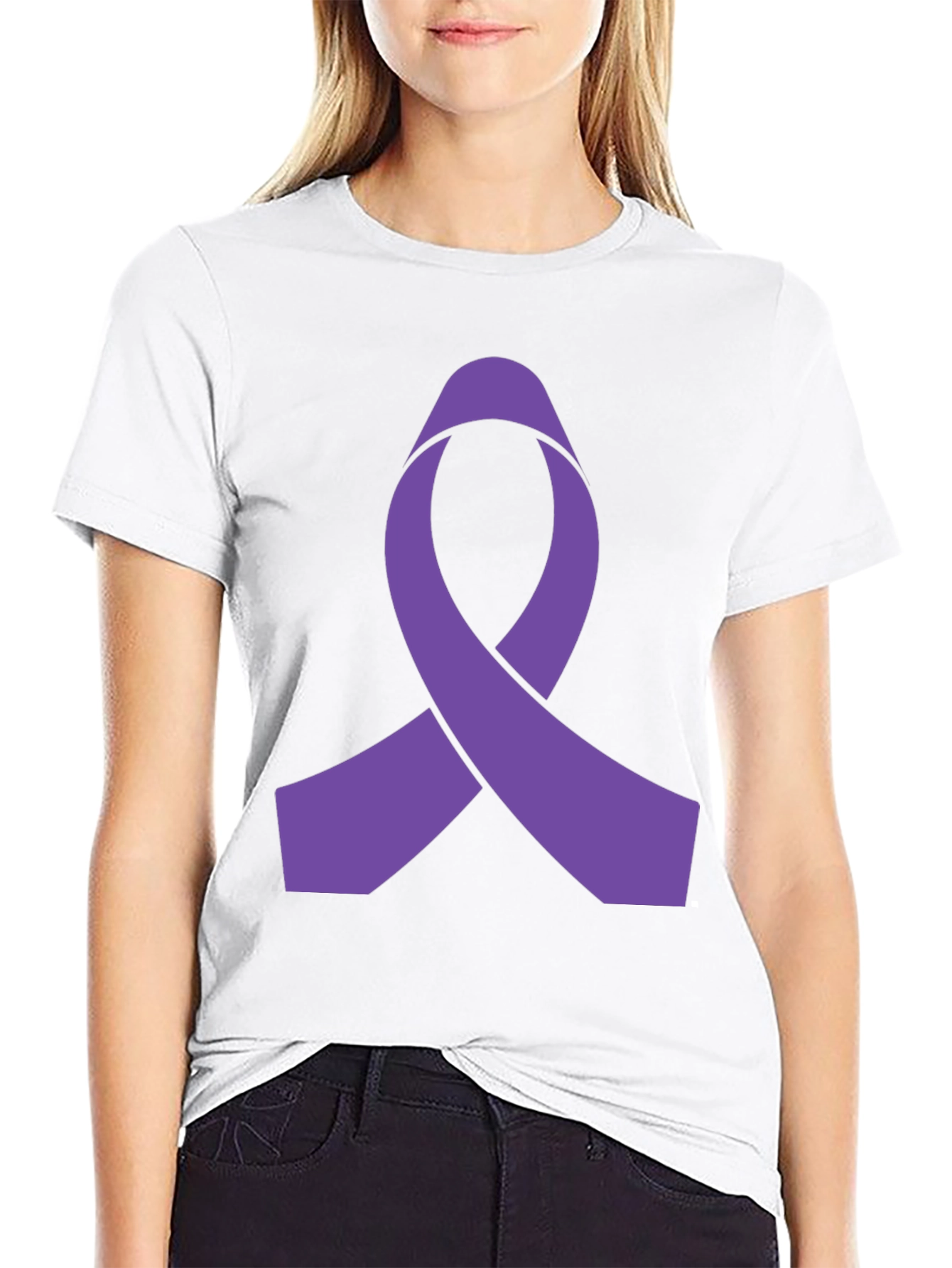 Purple Ribbon Graphic Black T-Shirt