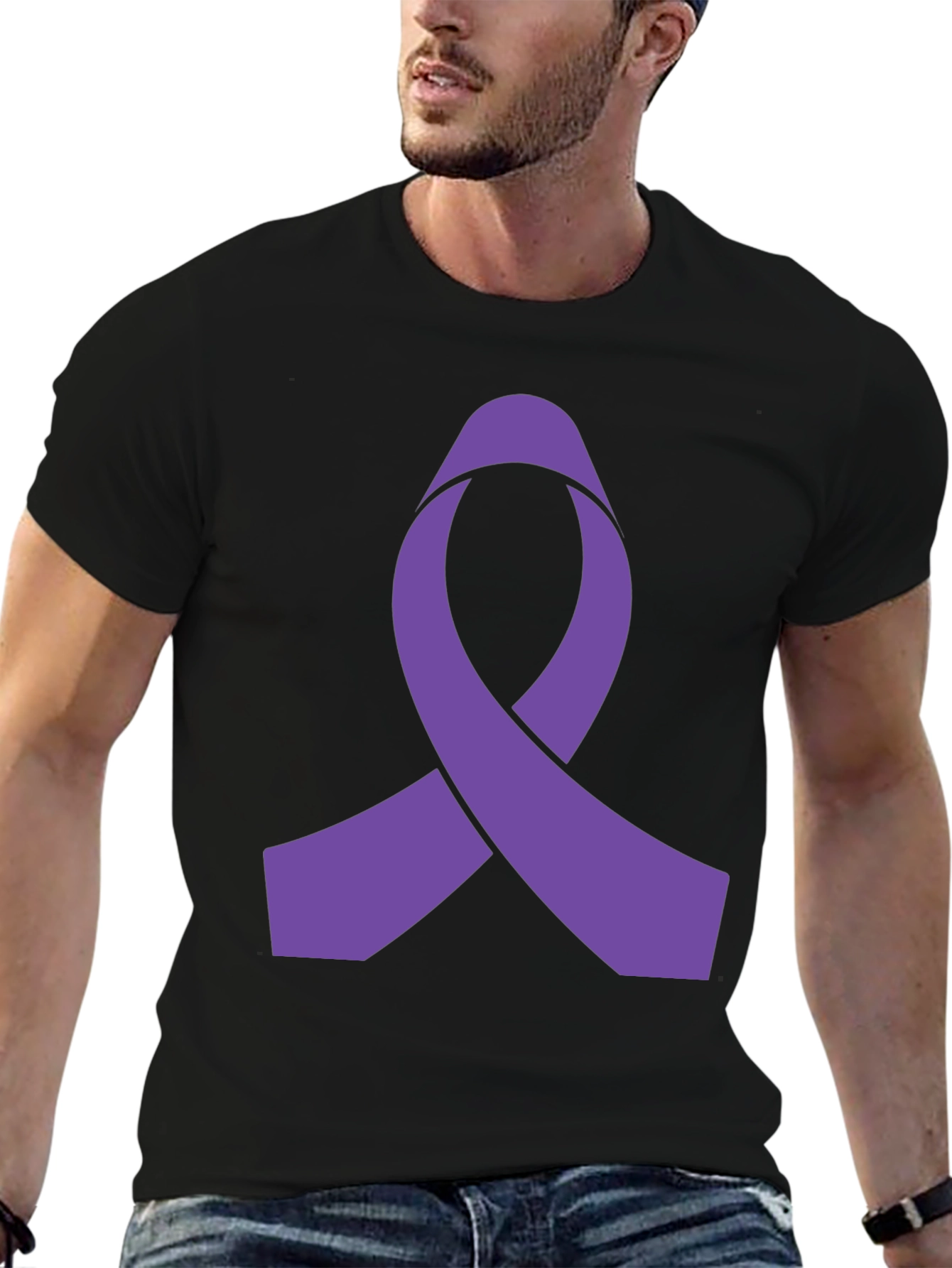 Purple Ribbon Graphic Black T-Shirt