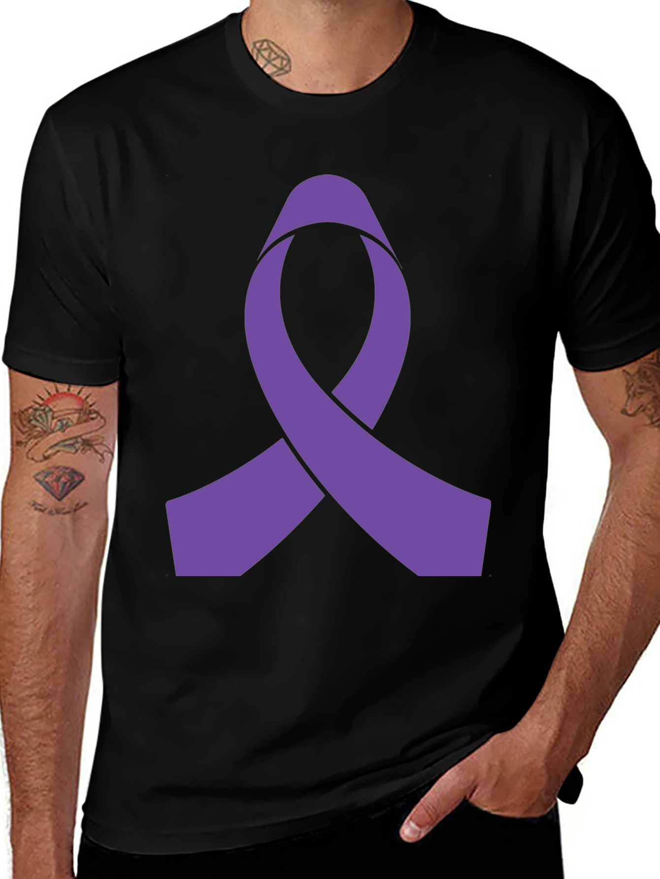 Purple Ribbon Graphic Black T-Shirt