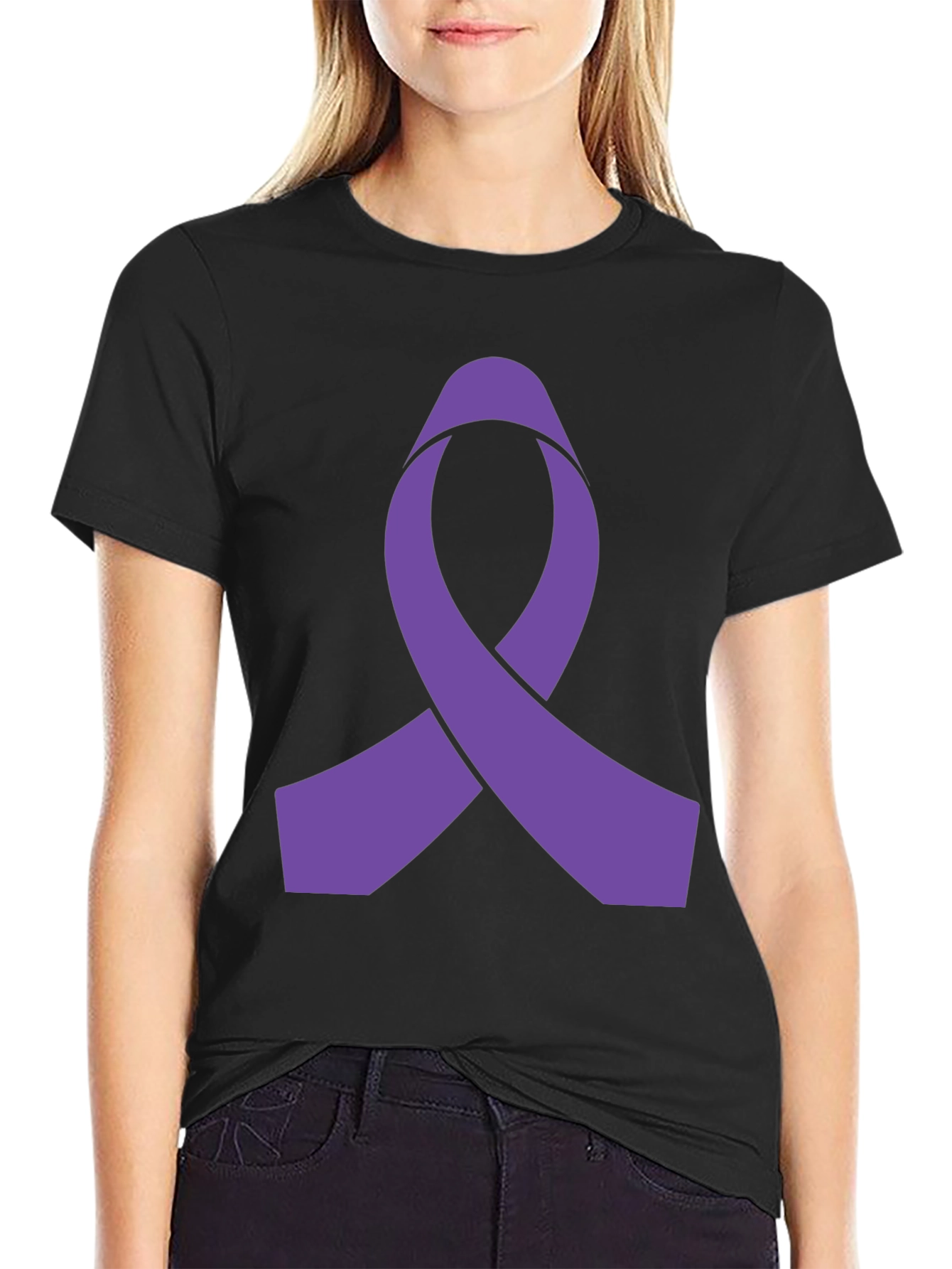Purple Ribbon Graphic Black T-Shirt