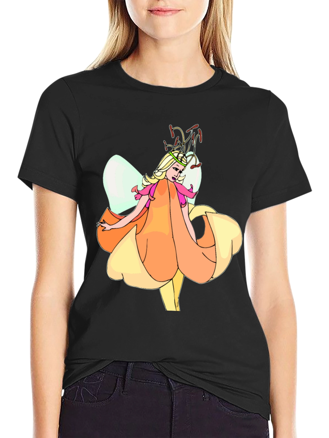 Fairy Flower Graphic T-Shirt - Black Cotton Tee