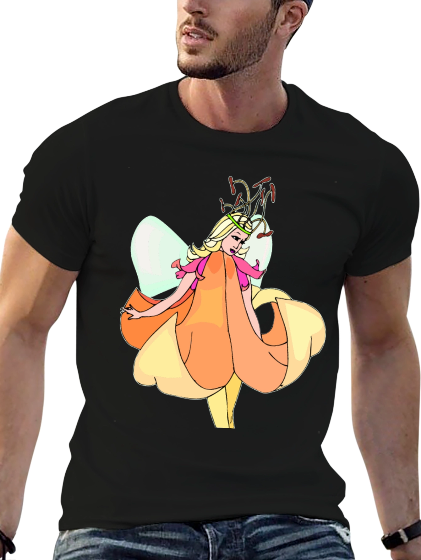Fairy Flower Graphic T-Shirt - Black Cotton Tee