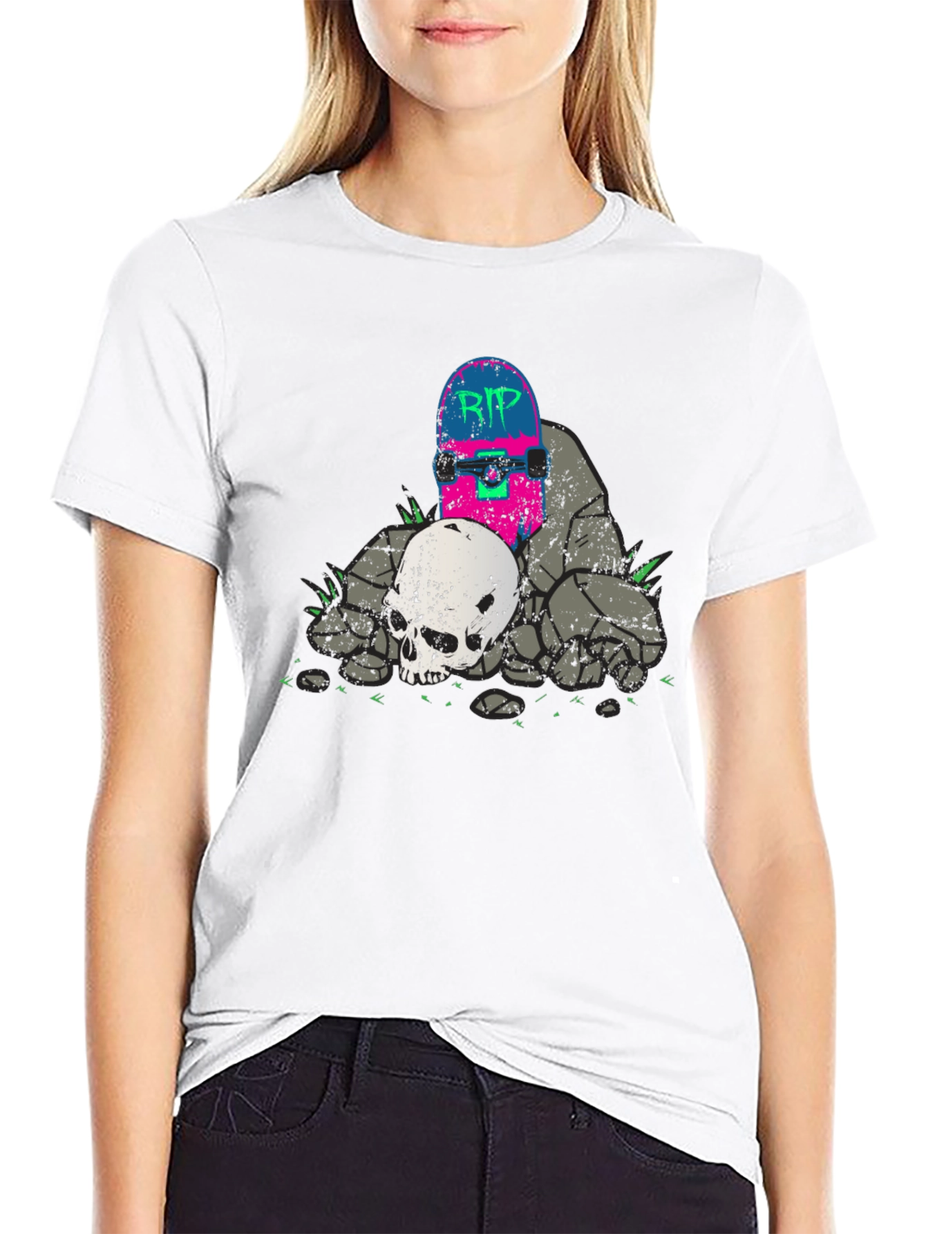 Skateboard & Skull Graphic T-Shirt - RIP Design